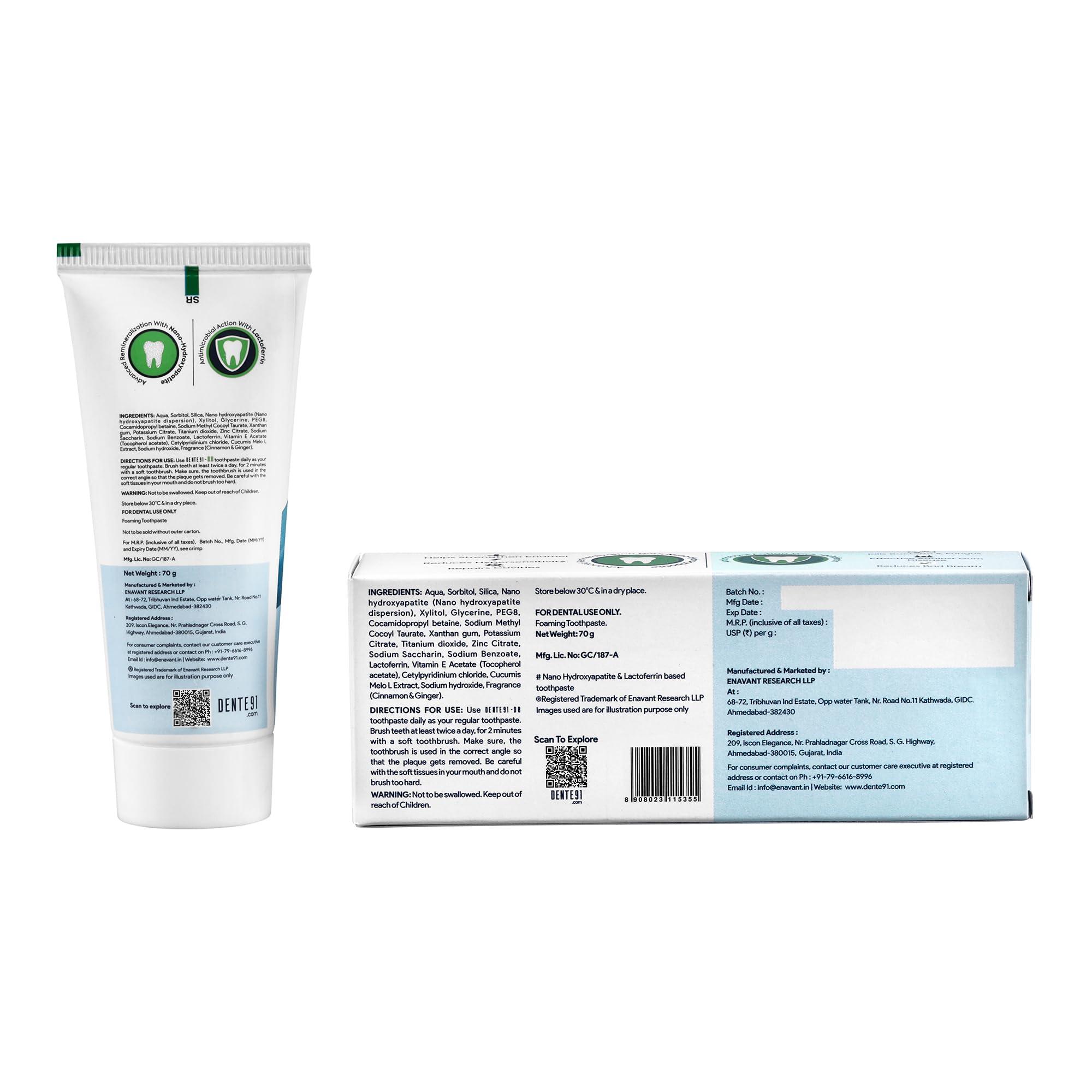 DENTE91 Dente91 DB Toothpaste| Sensitivity Relief | Repairs Cavities | Fights Gum Disease | Reduces Bad Breath | Strengthens Enamel | SLS free | Fluoride free | Paraben free, Pack of 1, 70g