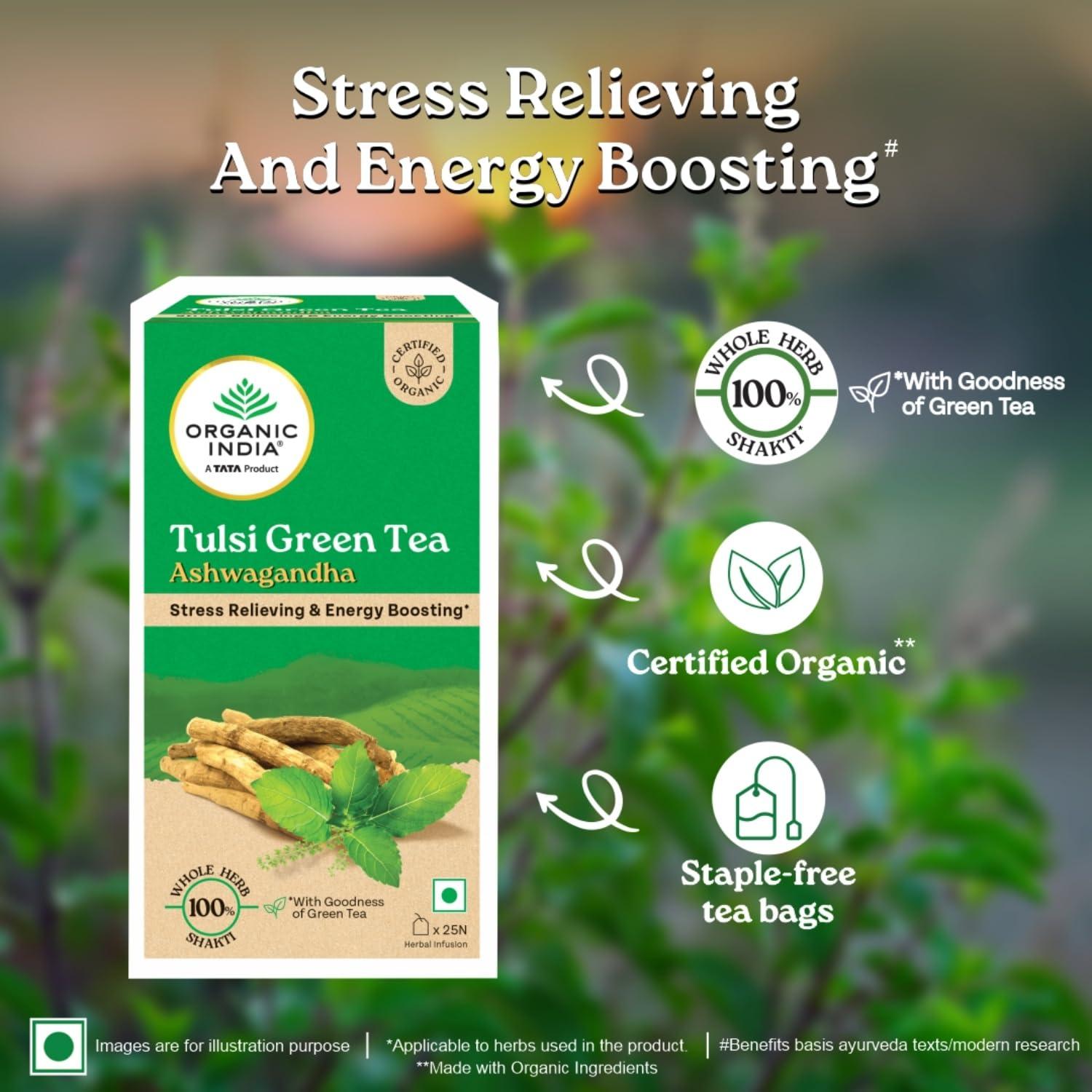 Organic India_ARIPL Organic India Tulsi Green Tea Ashwagandha - 25 Tea Bag (Pack of 1)