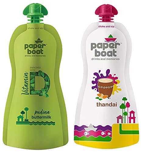 Paper Boat Paper Boat Pudina Buttermilk, Vitamin D, Vitamin B12, No Added Sugar (Pack of 6, 250ml Each) + Thandai, Milk Beverage, No Added and Colours (Pack of 6, 180ml each) No Preservatives