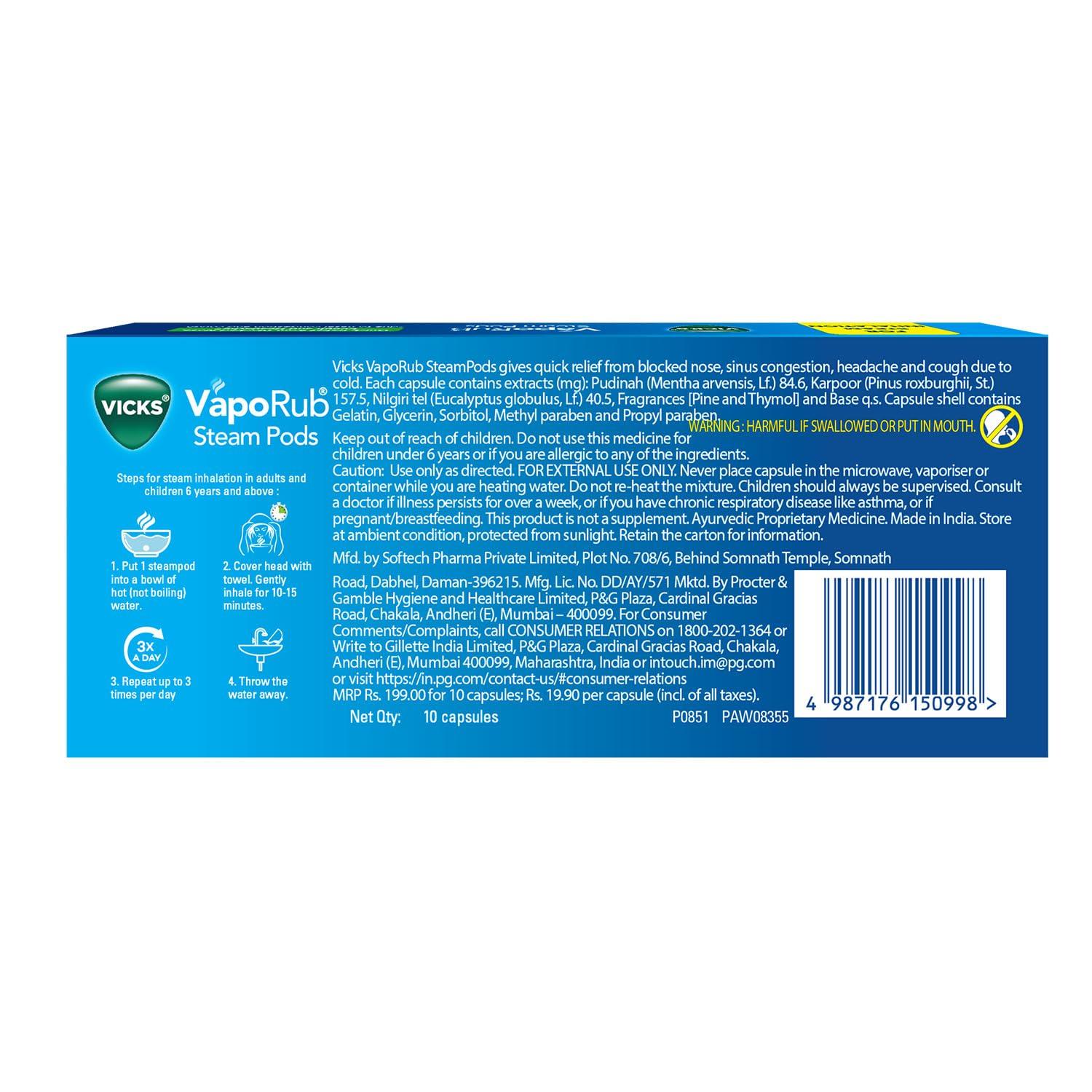 Vicks Vicks VapoRub SteamPods 10s, For Steam Inhalation, Quick relief from blocked nose, sinus congestion, headache, and cough due to cold. (Pack of 2)
