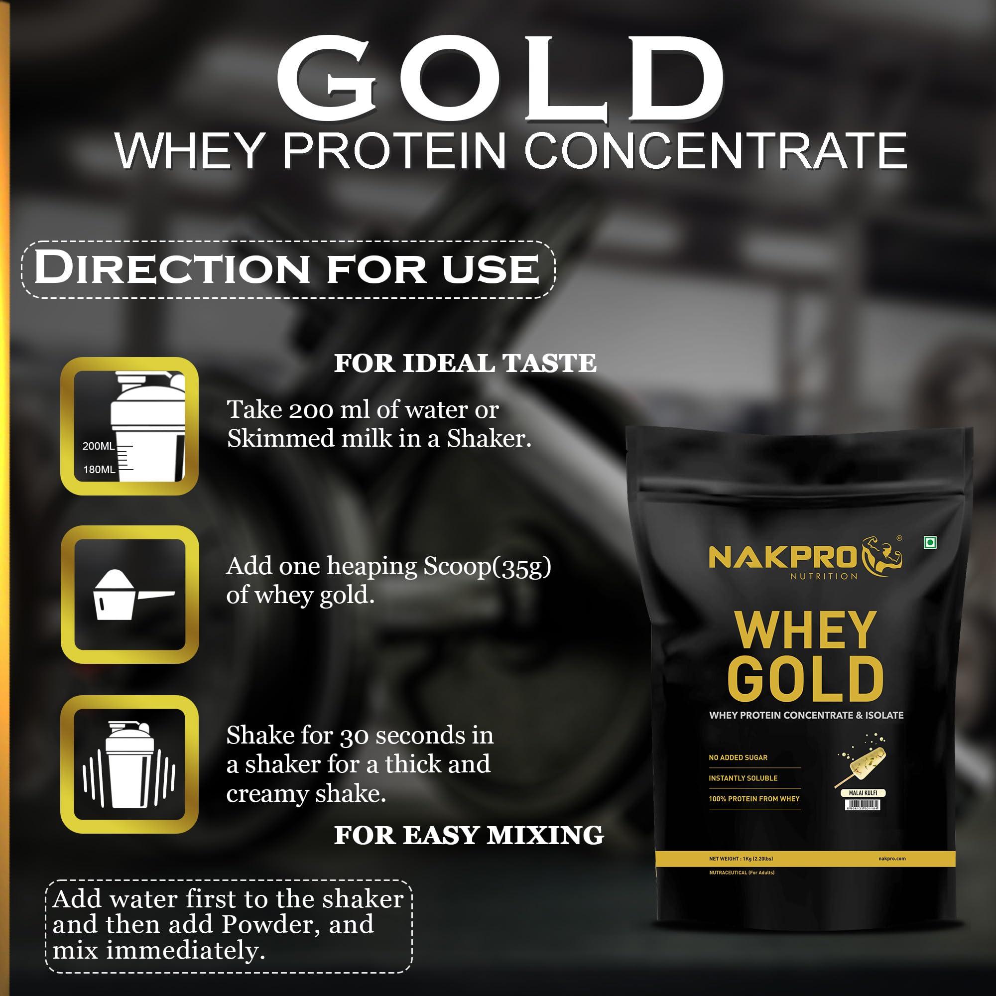 NAKPRO NAKPRO Gold Whey Protein Concentrate & Isolate 1kg Malai Kulfi | 25.5g Protein, Trustified Certified Supplement Powder | Fast Absorbing Whey Protein Powder