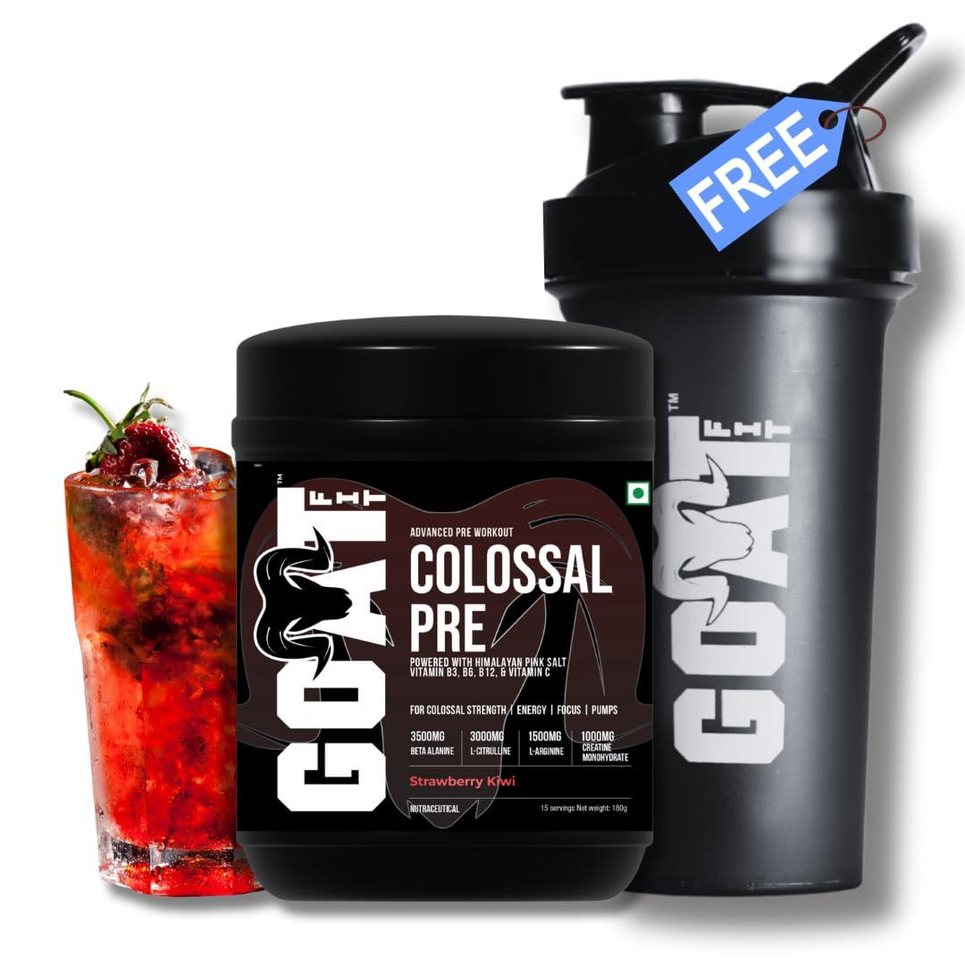 G.O.A.T Fit G.O.A.T Fit Colossal Pre | PreWorkout Powder (Strawberry Kiwi 180gm 15 Servings) 200mg Caffeine 3.5g Beta-Alanine 3g Citrulline 1.5g Arginine 1g Creatine with Himalayan Pink Salt