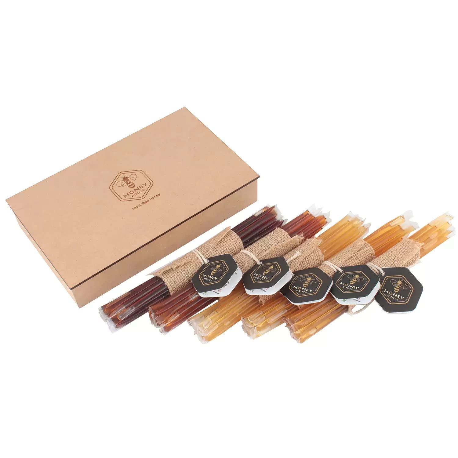 HRHONEYROOTS Honey Roots Organic Raw Honey Sticks - Pure, Natural, and Additive-Free - 5-Pack Combo Gift Box