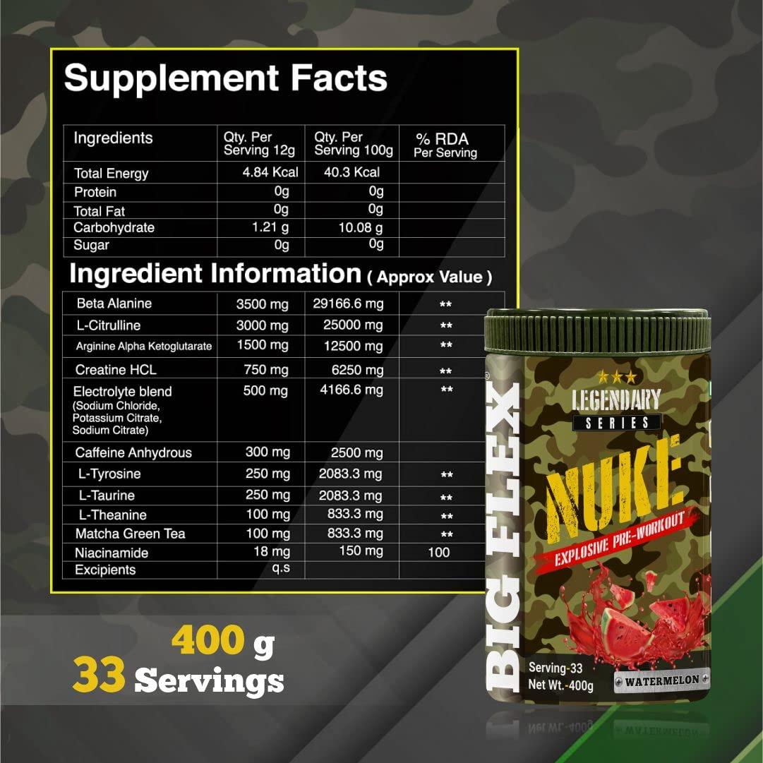 Bigflex Bigflex Nuke Pre Workout Powder| 33 Servings |Energy Booster| |Muscle Pump| |Strength Improvement| Preworkout For Men | Pre Workout For Women (Watermelon, 400 gm)