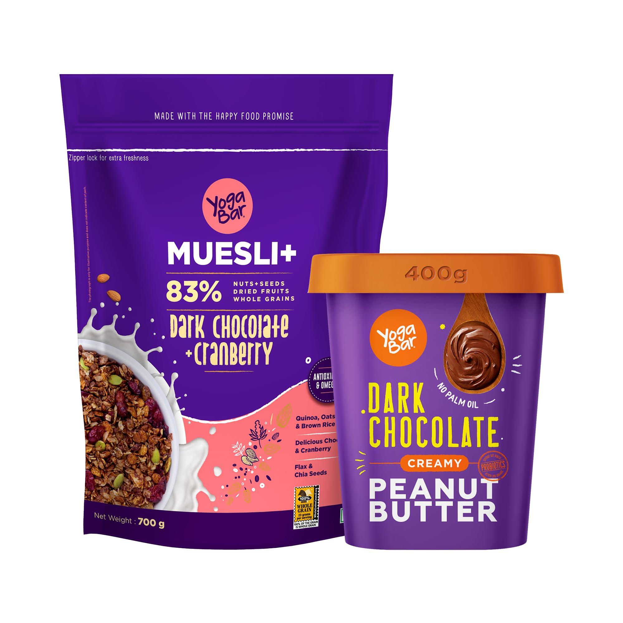 Yogabar Yogabar Dark Chocolate Peanut Butter and Muesli Combo | Dark Chocolate Peanut Butter - (400gm ) | Dark Chocolate Muesli - ( 700gm )