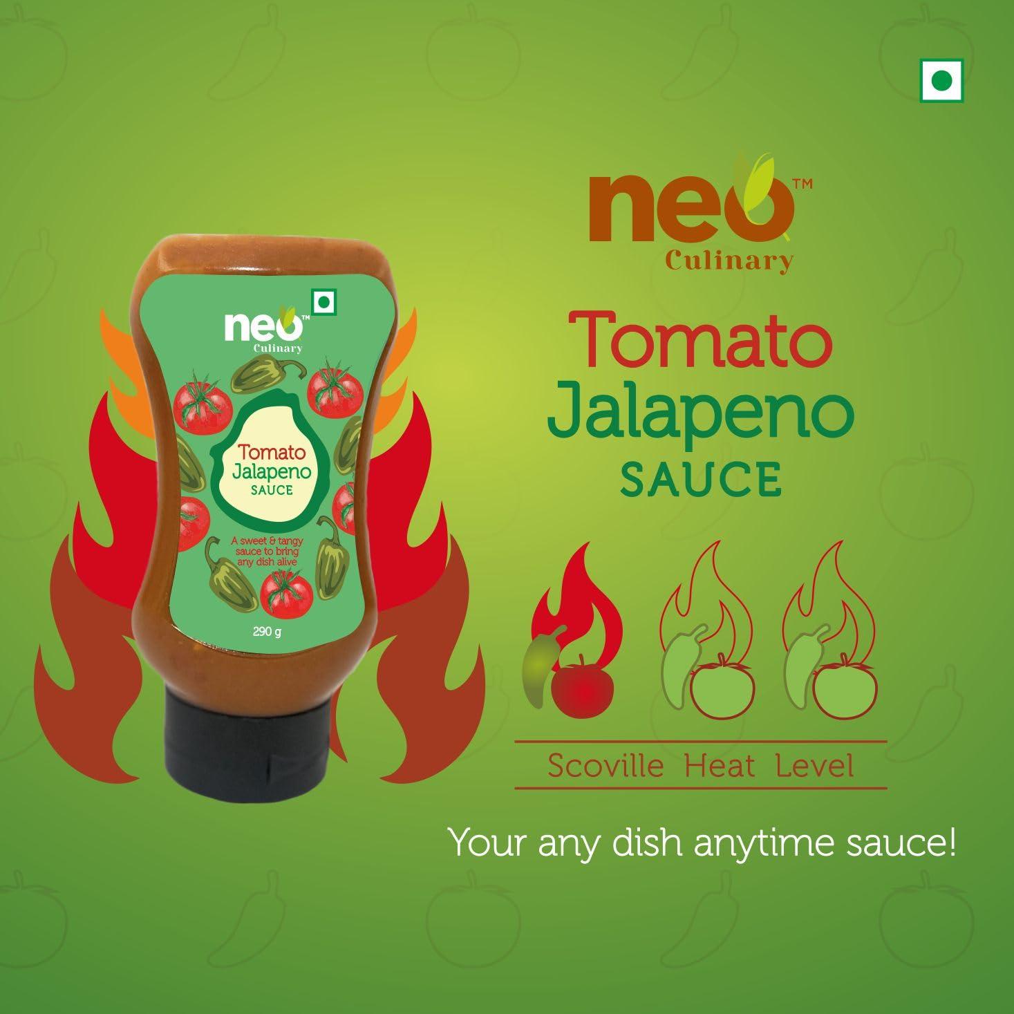 Neo Neo Tomato Jalapeno Sauce 290g I 100% Vegan I Gluten Free I Use as Dip Spread Marinade Sauce I Topping and Dip for Snacks, Spicy Sauce I Enjoy as Spread for Sandwich and Vada Pav I Pack of 1