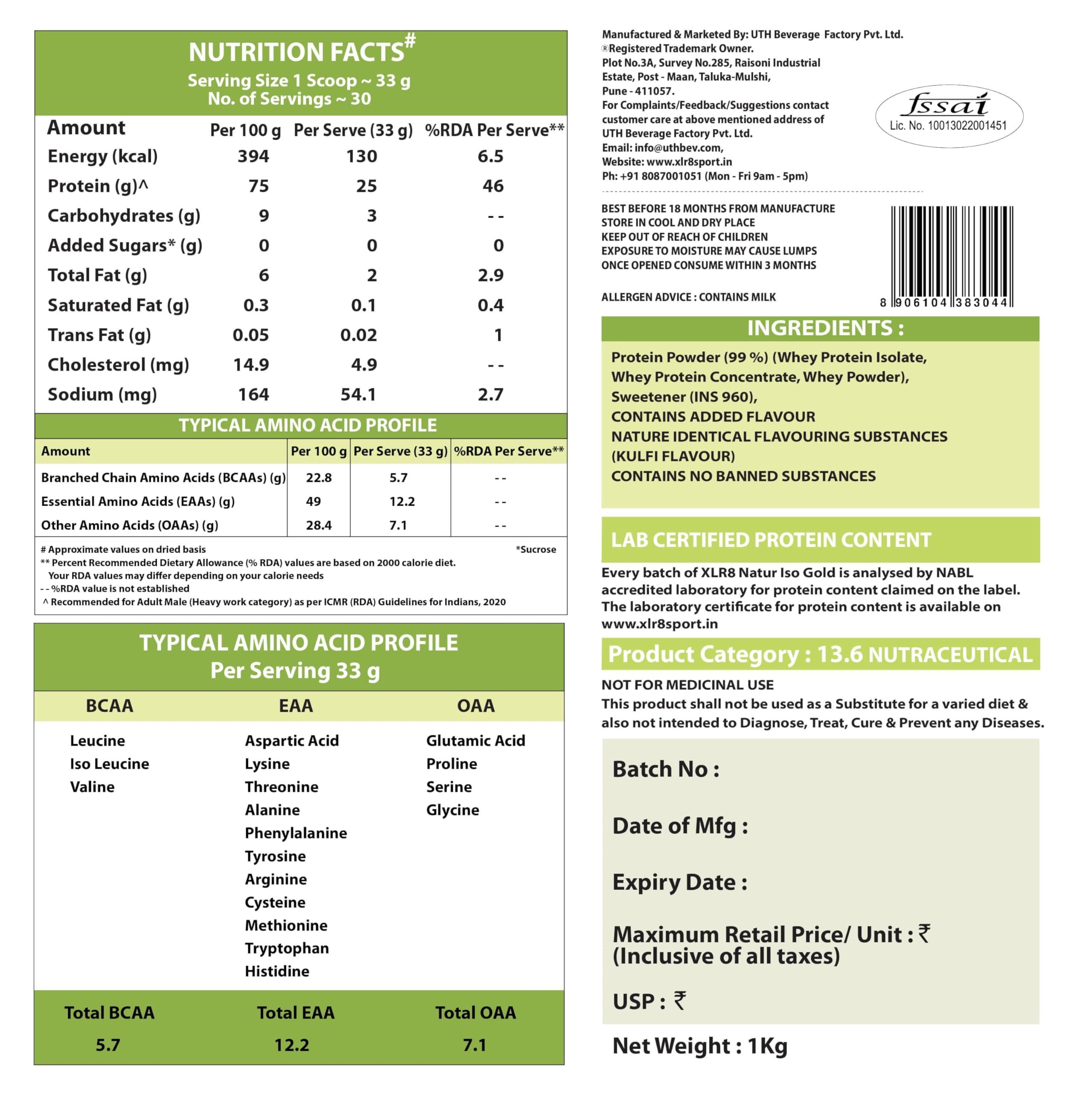 XLR8 XLR8 Natur Iso Gold Whey Protein Isolate, 25g Protein, 5.7g BCAA, Zero Sugar, Muscle Recovery (1 Kg (Pack of 1), Masala Milk Flavour)