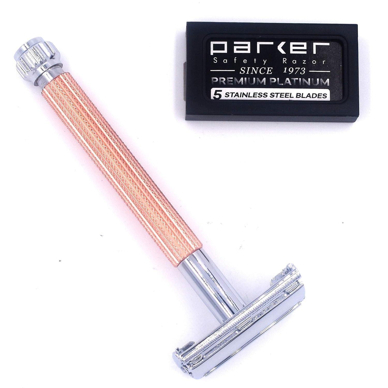 PARKER Safety Razor Parker 29L Long Handle Women's Double Edge Butterfly Open Double Edge Safety Razor (Rose Gold) with 5 Parker Premium Platinum Blades Textured Plated Brass Handle