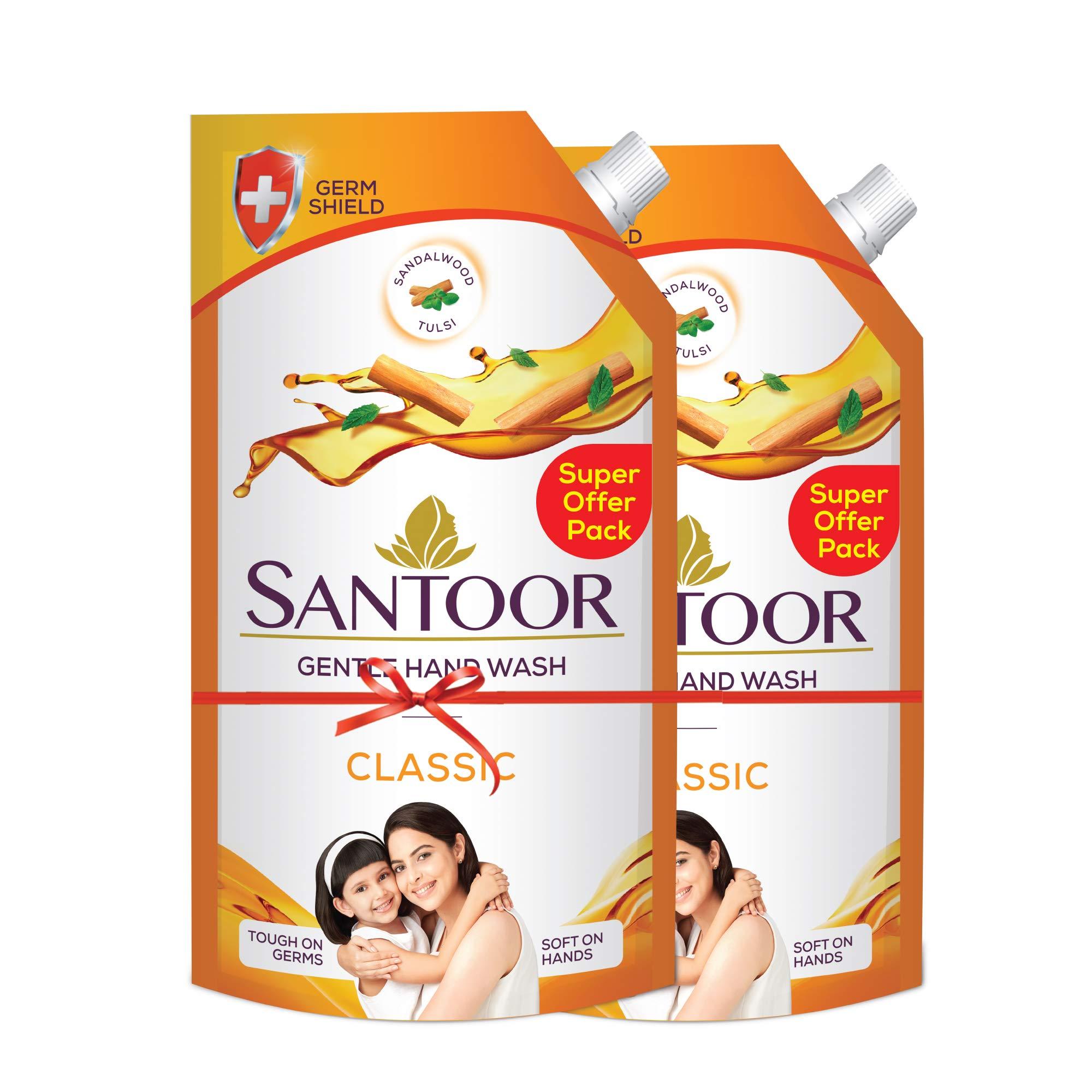 SANTOOR Santoor Hand Wash Mild 750ml & Classic Gentle Hand Wash, 1500ml with Natural goodness of Sandalwood & Tulsi & Classic Gentle Handwash with Sandalwood and Tulsi for Bacteria and Germ Protection