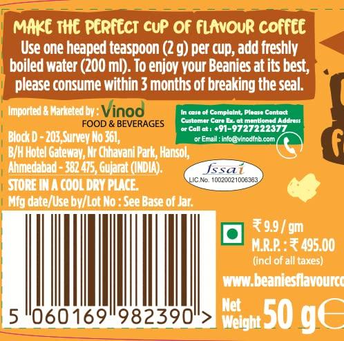 BEANIES BEANIES Flavoured Instant Coffee Caramelised Biscuit Hot & Cold Coffee Makes 25 Cups 100% Arabica Coffee Smooth & Sugar Free 50g. Bottle (Caramelised Biscuit)