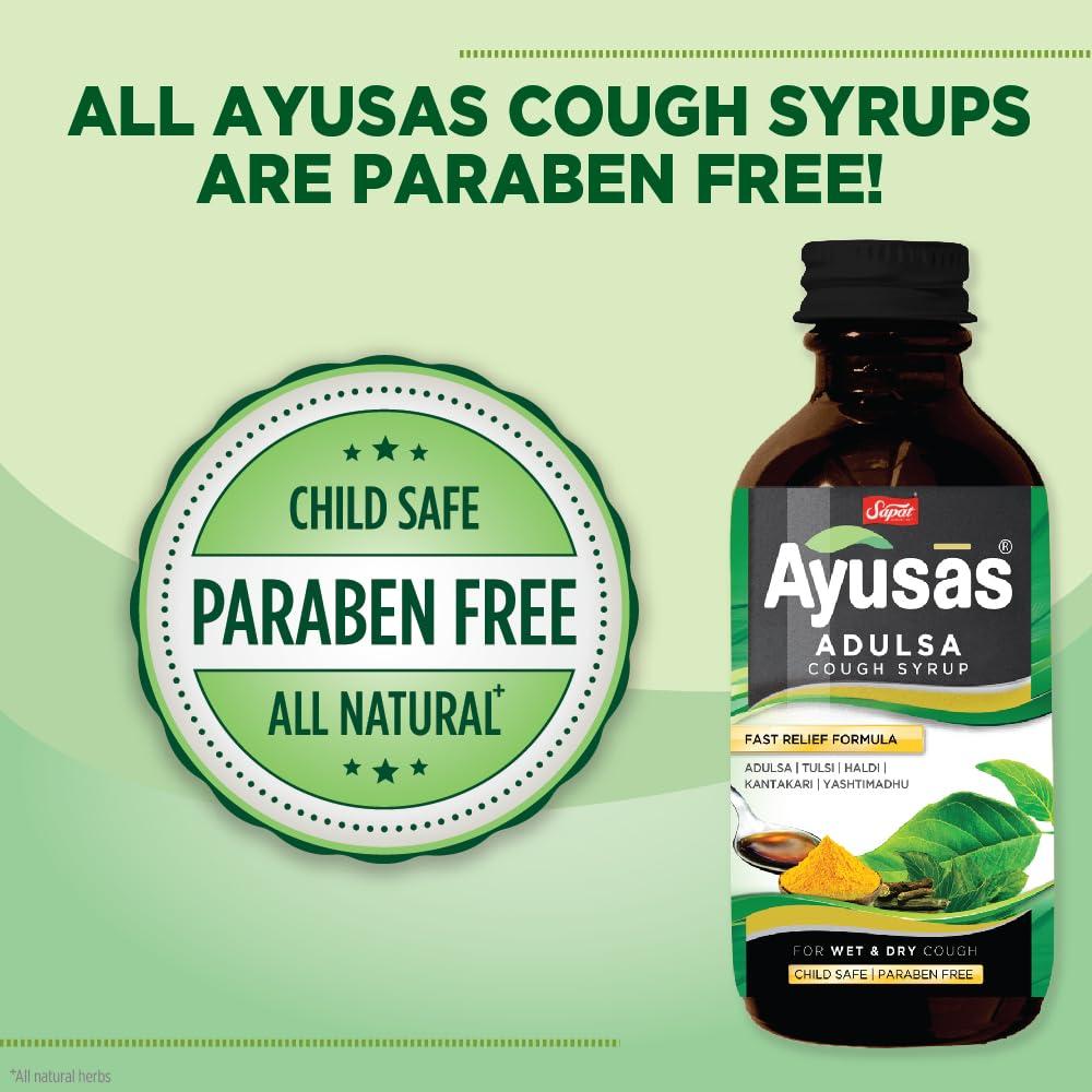 AYUSAS AYUSAS Sapat Adulsa Cough Syrup, Paraben Free, Child Safe, Triple-action formula,100% Natural for Wet and Dry Cough, (200 ml) (Pack of 2)
