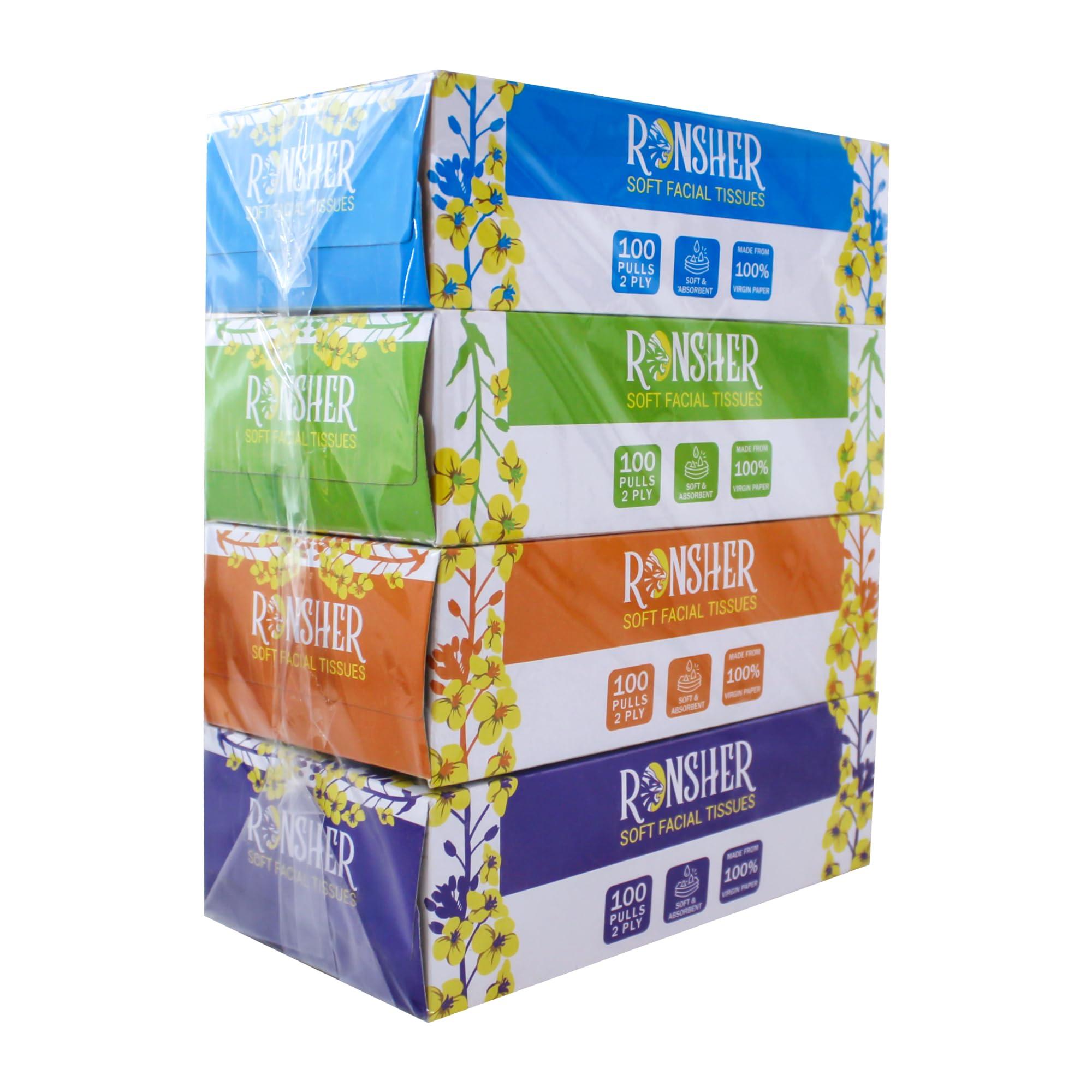 Ronsher Ronsher | 2 Ply Facial Tissue Paper Box | 100 Pulls | Pack Of 4 | OBA-Free | Virgin Paper | Food Safe | Skin-Friendly | Suitable For Bedroom, Bathroom, Office, Cars