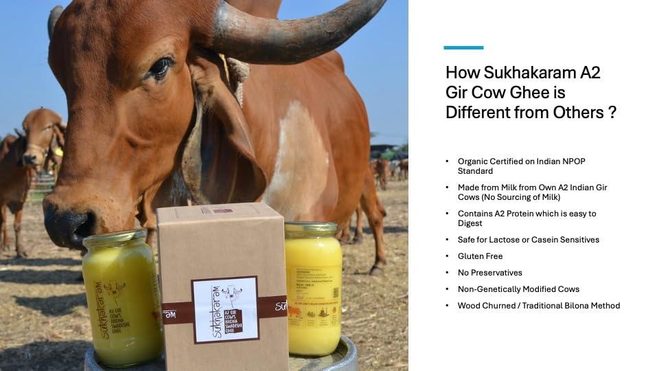 SUKHAKARAM SUKHAKARAM A2 GIR COW GHEE 500 ml | ORGANIC GRASS FED INDIAN GIR COW | TWO WAY WOOD CHURNED WITH BILONA METHOD | GLASS BOTTLE | PURE, NATURAL AND HEALTHY