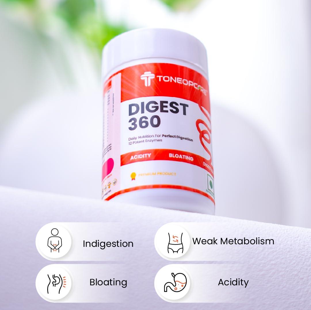 ToneOp Care ToneOp Care Digest 360 - Improves Digestion & Relief From Bloating | Helps in Reducing Acidity | With a Powerful Blend of 12 Enzymes | For Complete Digestive Care | 60 Tablets