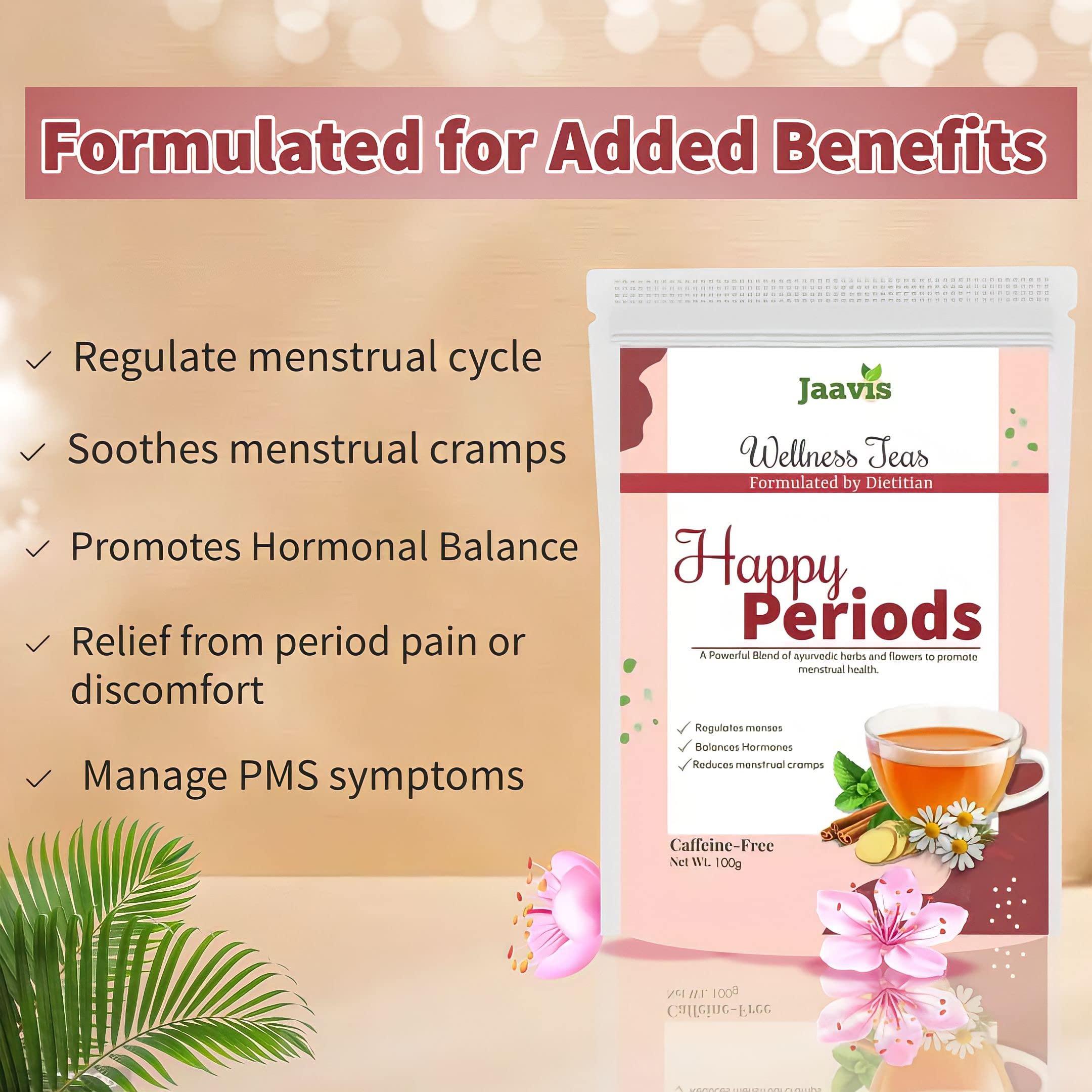 Jaavis JAAVIS Happy Periods Tea | For PCOD & PCOS | Dietitian Formulated | Regularise Periods & Promotes Hormonal Balance | Caffeine-Free | 100g