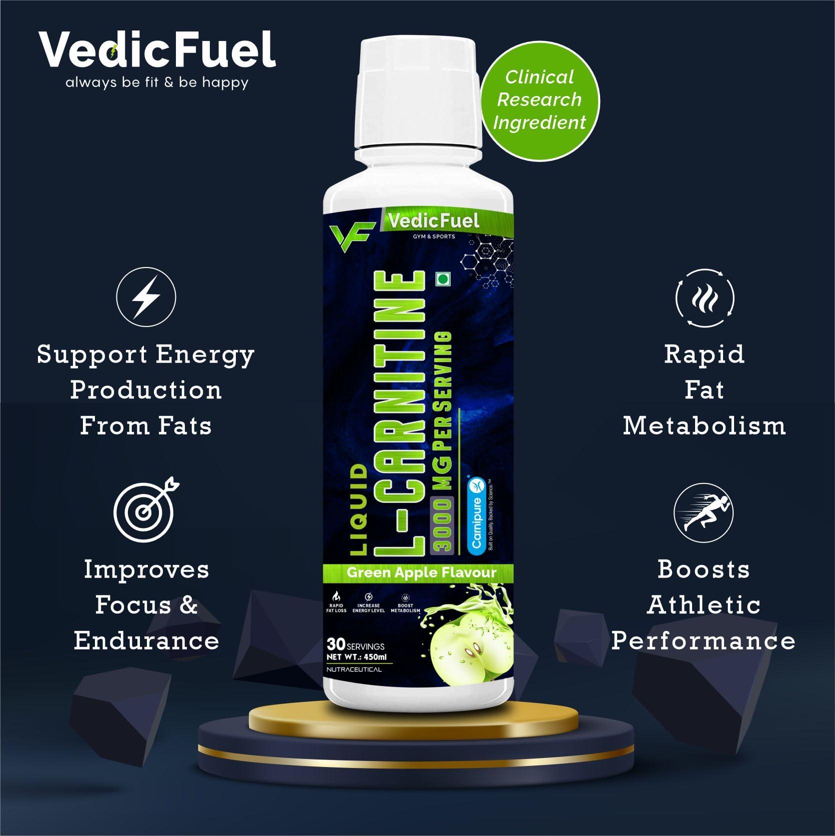 VEDICFUEL VedicFuel Liquid L-Carnitine 3000 mg, Helps Convert Fat into Energy (Green Apple Flavour, Pack of 450ml, 30 Servings)