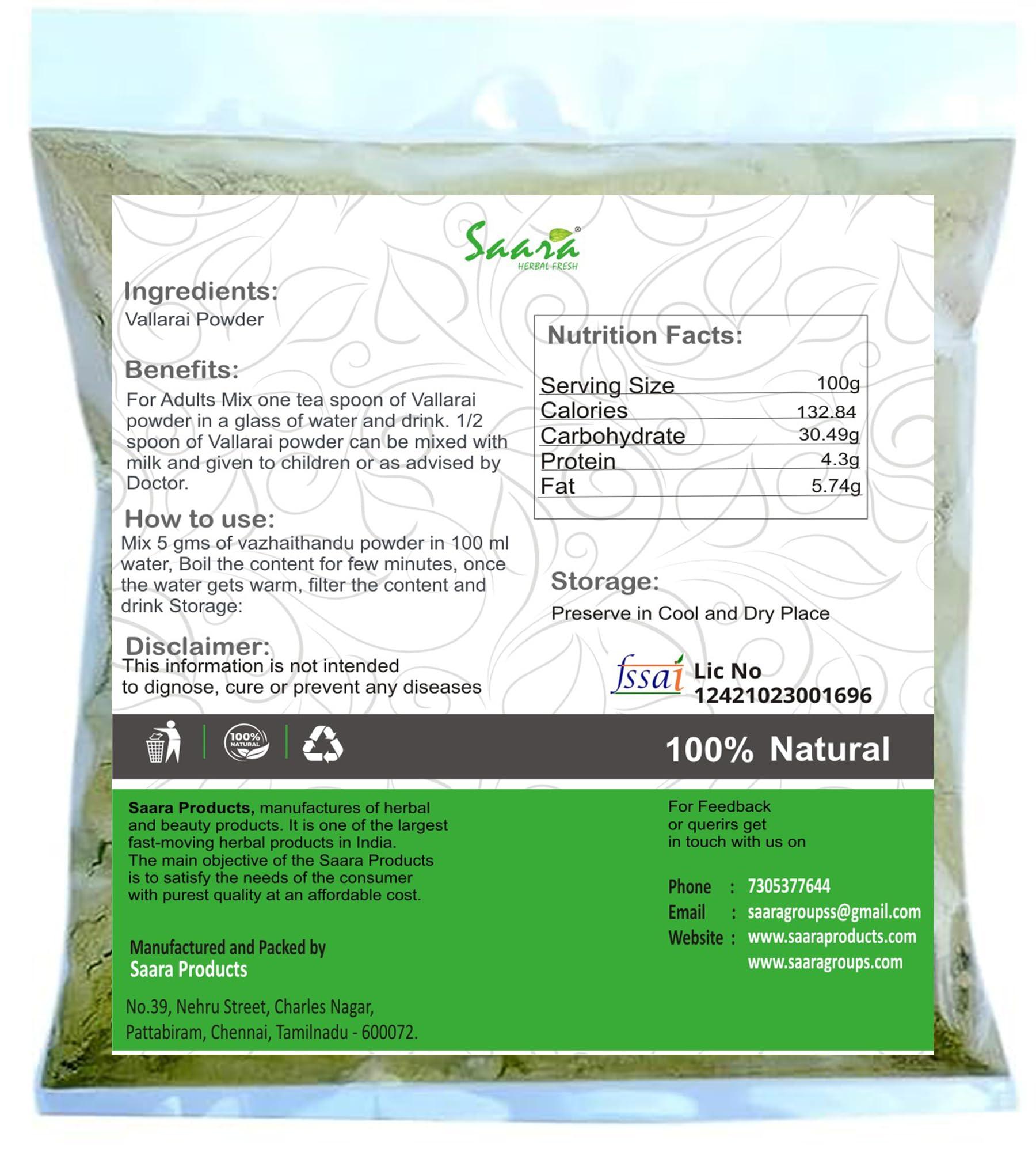 SAARA Saara HERBAL FRESH Vallarai Powder,100g, Centella Asiatica, Gotu Kola Powder, Pennywort, Brahmi Booti, Saraswati, Vallarai keerai Powder, (pack of 1 x 100g)