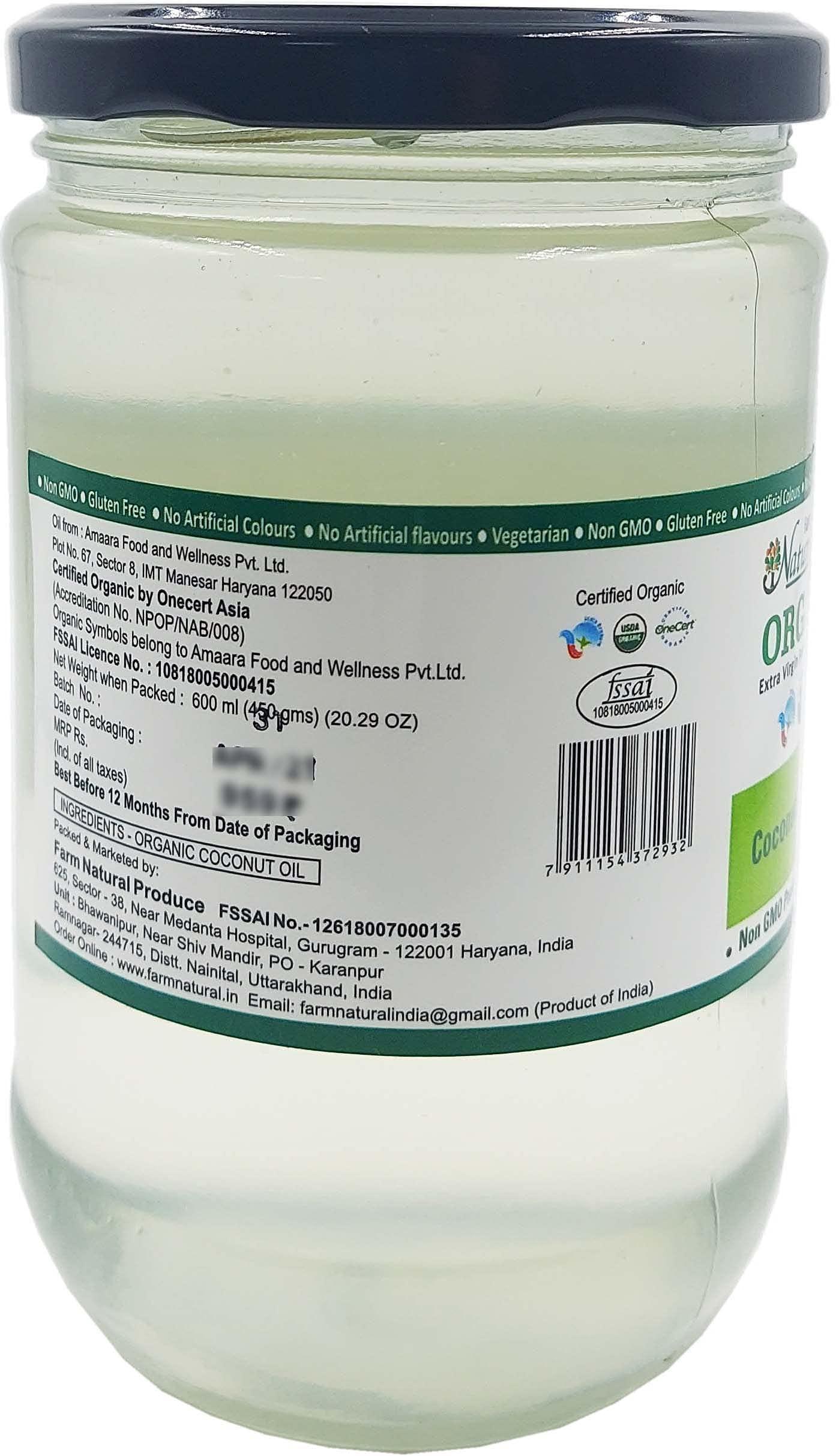 Farm Naturelle Farm Naturelle -100 % Pure Organic Extra-Virgin Cold Pressed Coconut Oil (Glass Bottle - 600 ml)