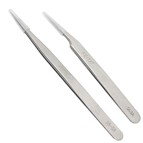 FEITA FEITA Precision Tweezers Stainless Steel Straight & Slanted Tip Best Tweezers Professional Set for Eyelash Extension, Craft, Jewelry, Eyebrow & Ingrown Hair Removal (SS&5A-SA 2Pcs)