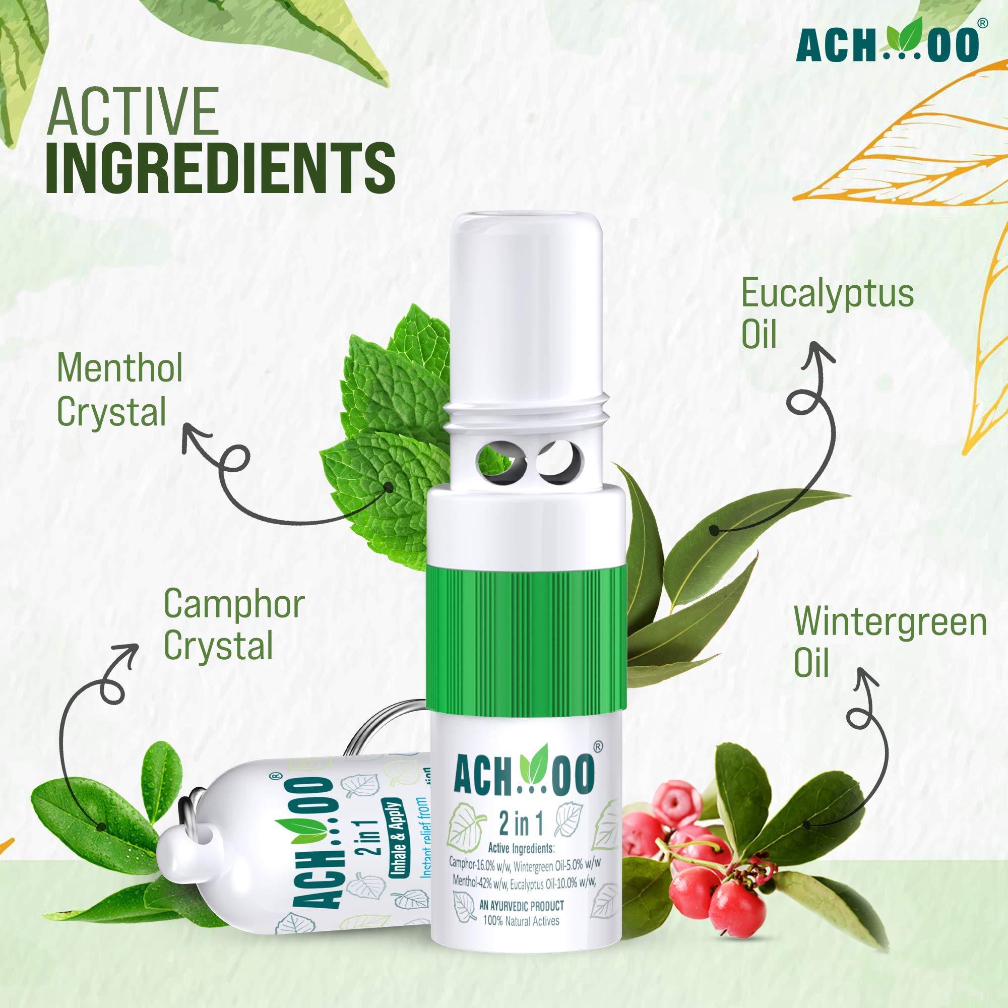 ACH...OO ACH...OO 2 In 1 Inhaler and Roll On Relief From Cold, Cough, Blocked Nose, Headache and Breathing difficulty | Cold & Nasal Congestion With 100% Natural Active Ingredients (Pack of 12 x 2ml)