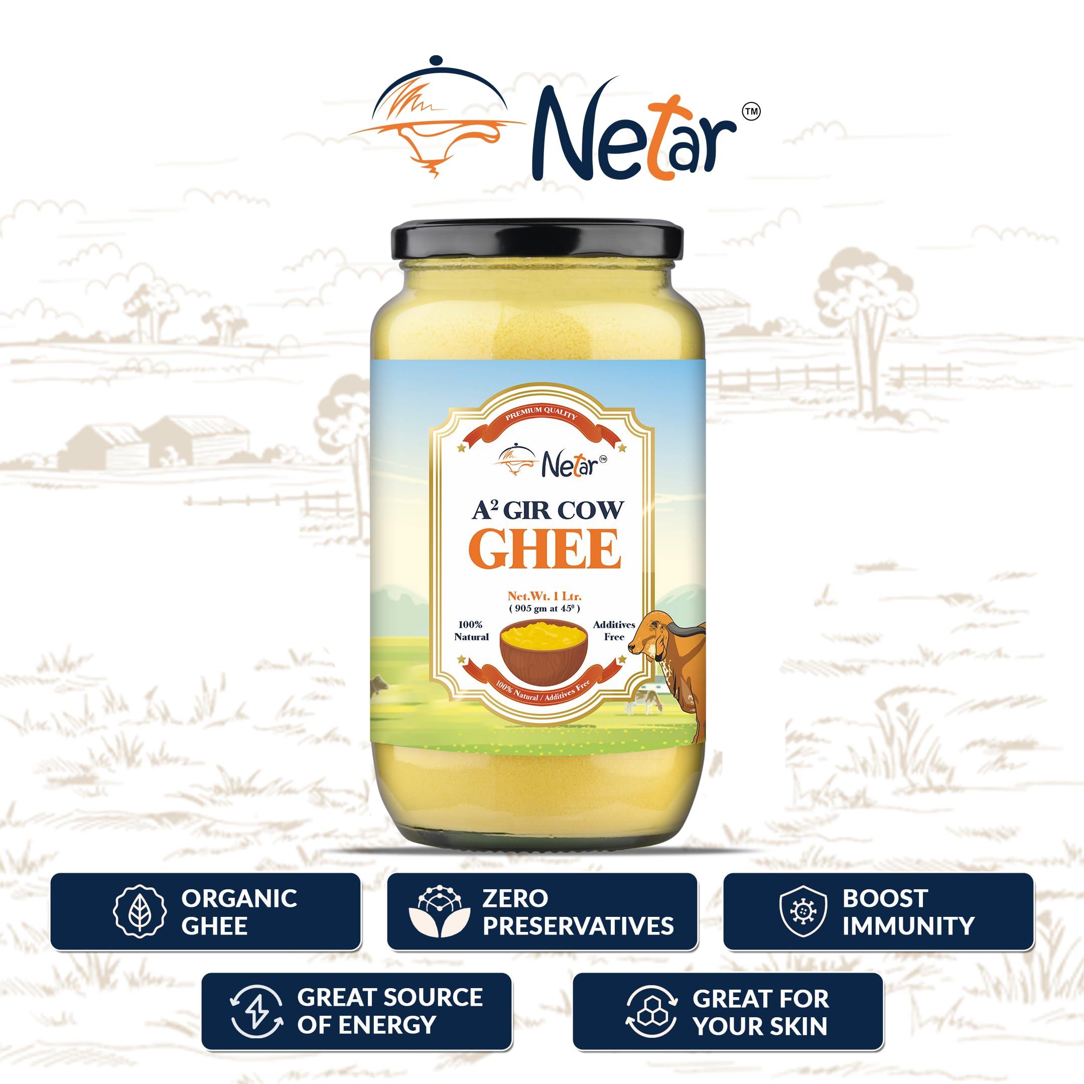 NETAR Netar Pure A2 Gir Cow Ghee 1 Ltr (Pack Of 2) | Vedic Bilona Two Way Hand Churned | Indiand Gir Cow Ghee, Natural & Healthy,| No Added Colour and Preservatives, | 1 Litre (Jar Pack Of 2).