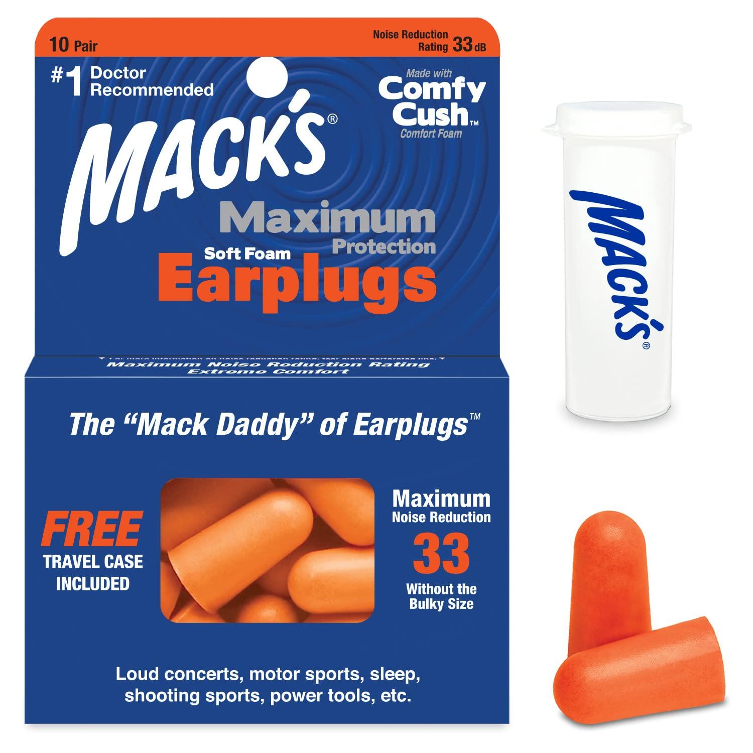 Mack\'s Macks Maximum Protection Soft Foam Earplugs 10 Pair, 33 dB Highest NRR Comfortable Ear Plugs for Sleeping, Snoring, Loud Concerts, Motorcycles and Power Tools