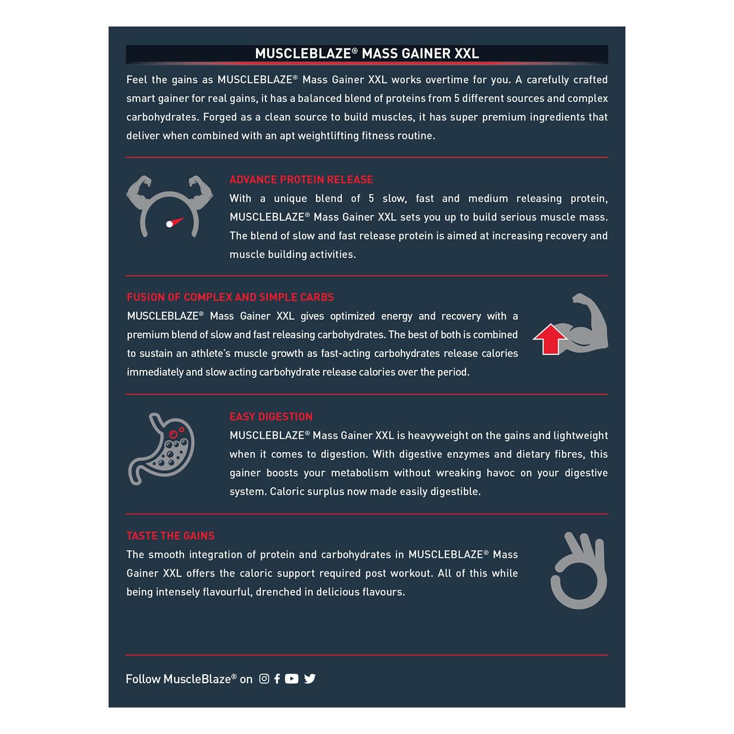 MuscleBlaze MuscleBlaze Mass Gainer XXL (Chocolate, 2kg / 4.4lbs, 20 Servings) | With Complex Carbs, High Protein & Digestive Enzymes