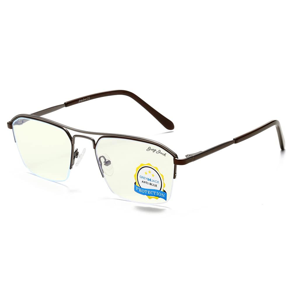 grey jack grey jack Polygon Half Rim Blue Light Fliter Glasses for Men Women UV Protected Computer Metal Frame Glasses 5154 Dark Gun/Brown