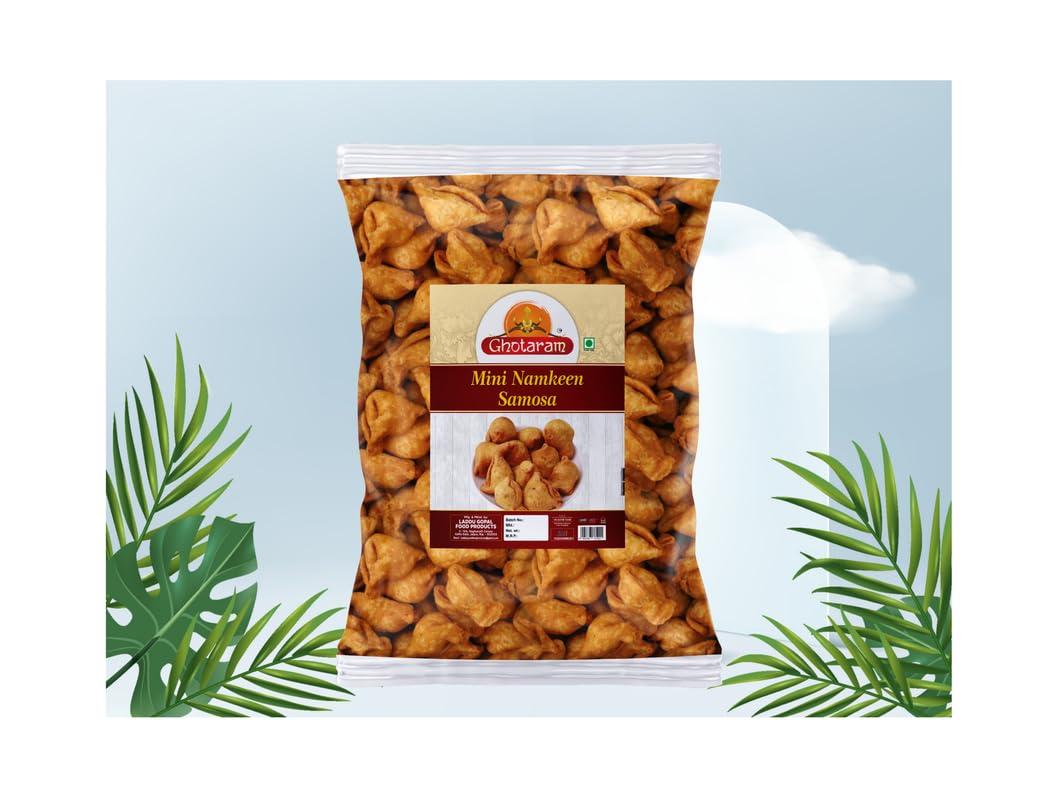 GHOTARAM Ghotaram Ready to Eat Snack Mini Samosa Indian Namkeen Nashta | Dal Samosa Baked Roasted Moong Mung Dal Samosa Triangle | Mini Samosa for Evening Tea Time Snack Fry in Peanut oil-1Kg*6Pack