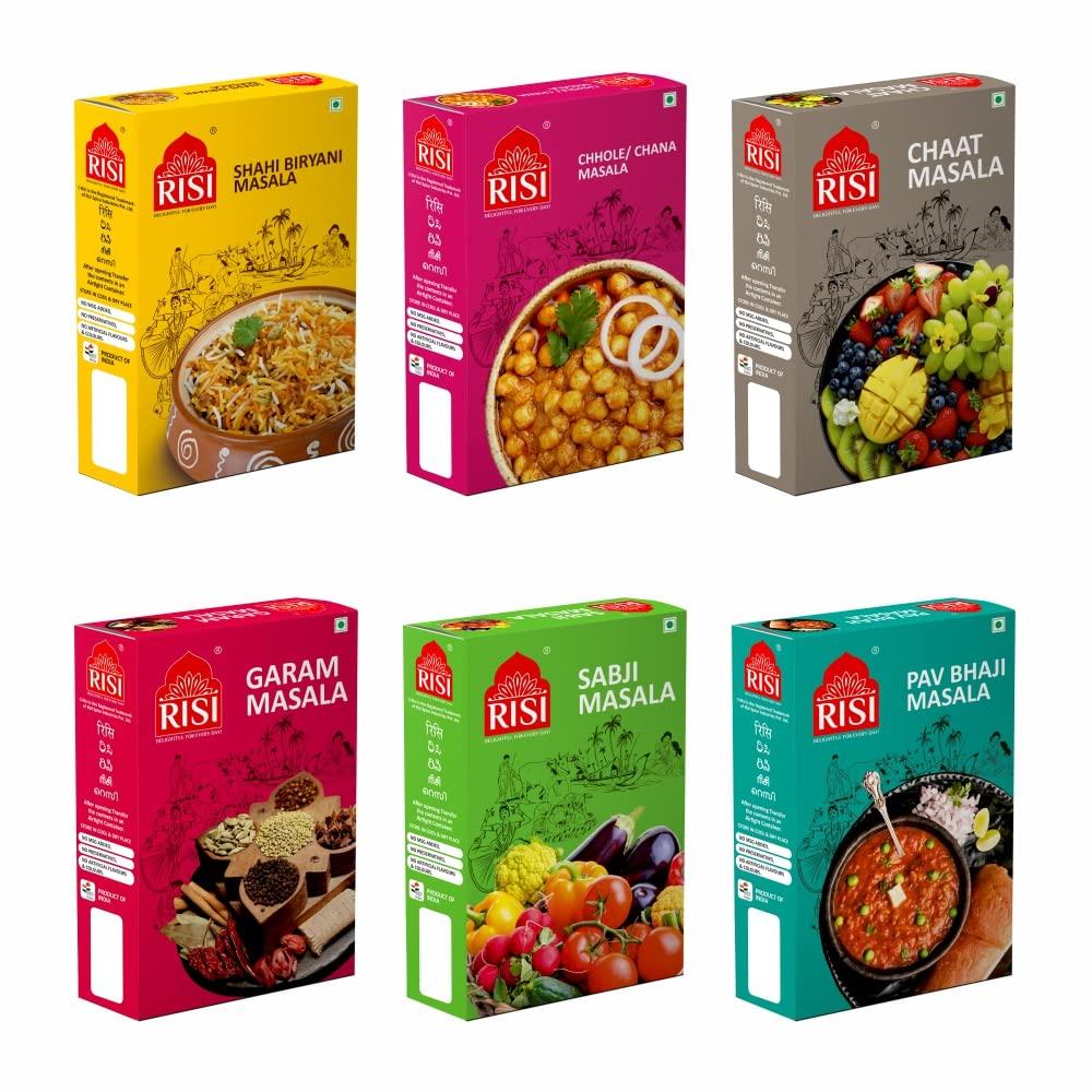 RISI SPICES Risi Spice Blended Masala_Veg COMBO Pack 1 (50 Gms Combo Pack) (50Gm x 6 Pcs) Risi Shahi Biriyani Masala 50Gm Box, Chana/Chhole 50 Gm Box, Chaat Masala 50 Gm Box, Garam Masala 50 Gm Box, Sabji Masala 50 Gm Box, PavBaji Masala 50 Gm Box