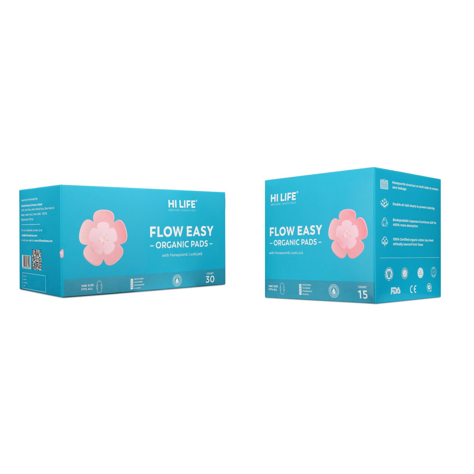 Hi Life Hi Life Flow Easy Organic Sanitary Pads | Rash free Sanitary Pads | 100% Organic Cotton Pads for Normal-Sensitive Skin | Sanitary Napkins for Heavy Flow with Free Disposal Bags | Leak Proof & Full Coverage X-Large Sanitary Pads| Super-Absorbent with
