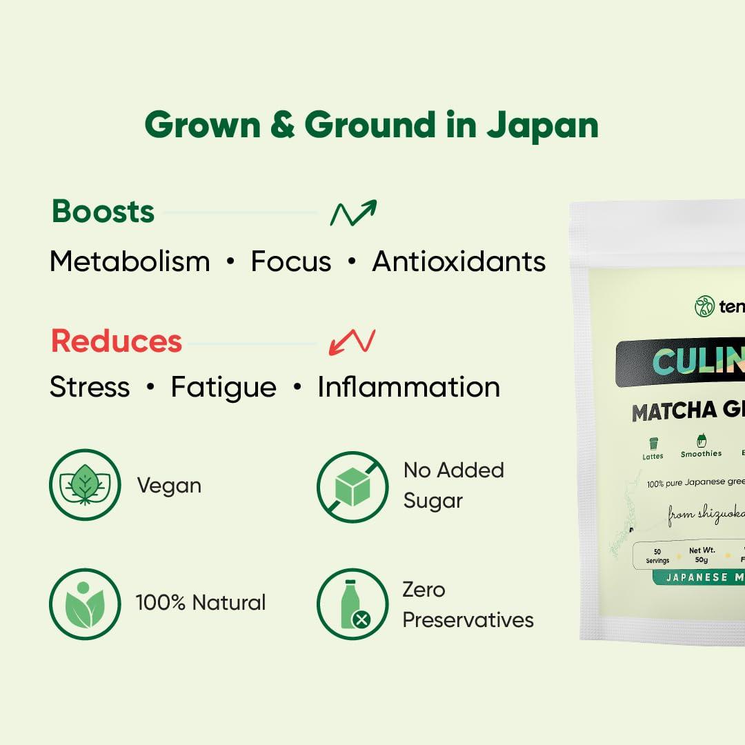 Tencha Tencha Matcha Tea, 50 Servings, 50 GM | Pure Japanese Matcha Green Tea Powder | Sourced from Shizuoka, Japan | Vegan | No Artificial Sweeteners | Culinary Grade Matcha Powder