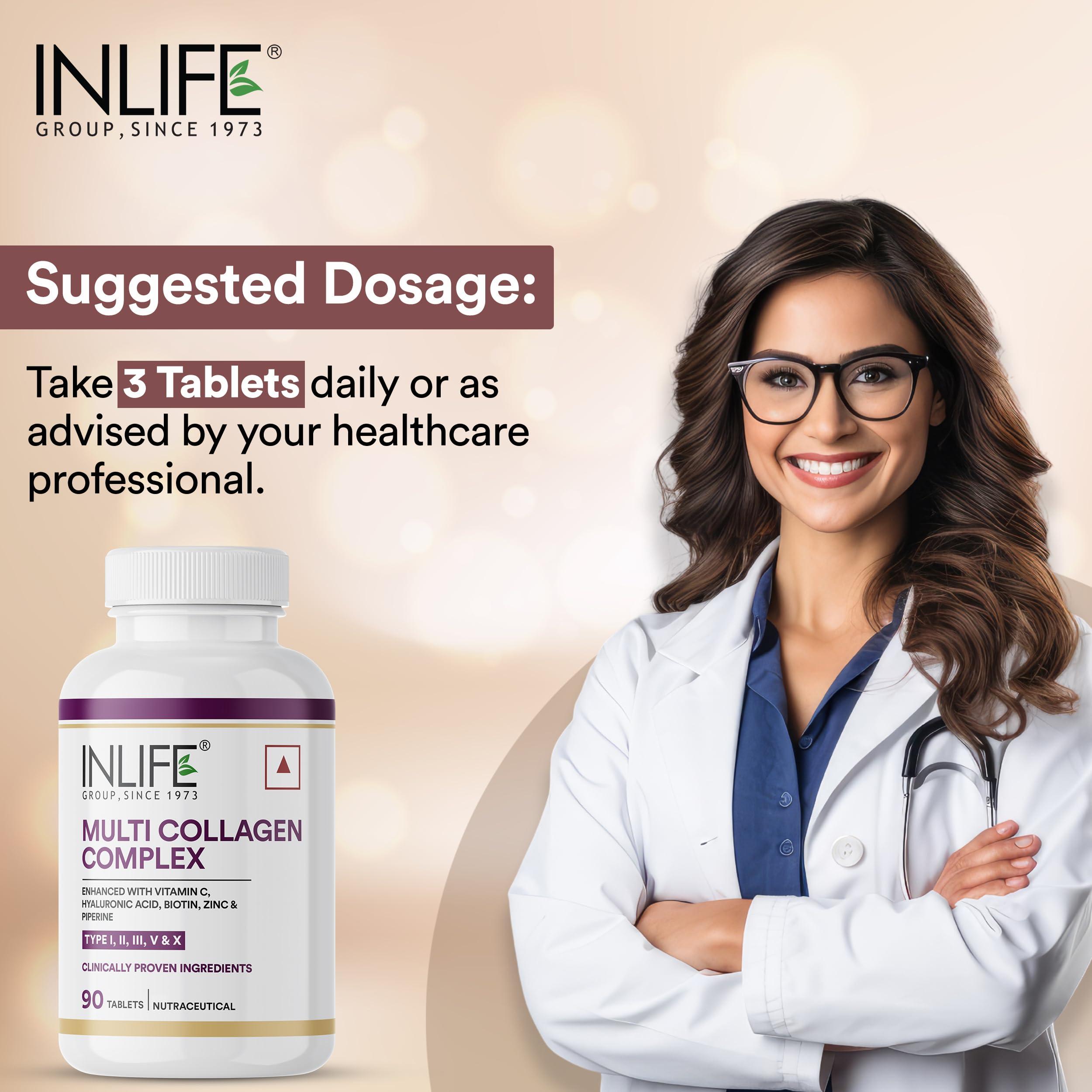 Inlife INLIFE Multi Collagen Complex Tablets | 5 Types Peptides I, II, III, V & X with Biotin, Hyaluronic Acid | Collagen Powder Supplements for Women & Men - 90 Tablets (Pack of 1, 90)