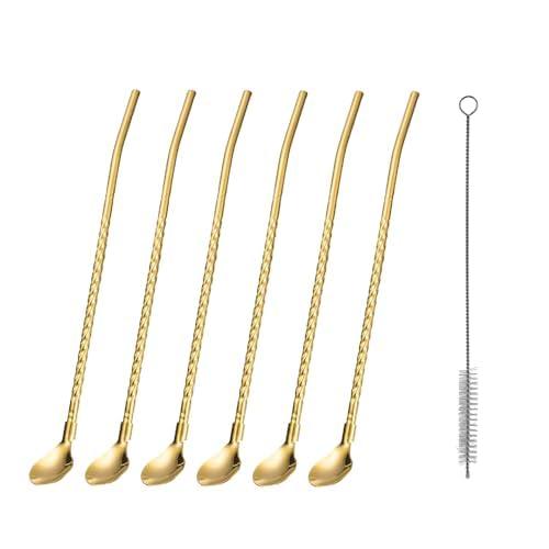 Generic 6 Pcs Stainless Steel 2-in-1 Straw Cum Spoons | Reusable Straw Spoons | Long Spoon Straws for Ice Tea, Milkshake, Drinks (Golden, 6 Straws and 1 Cleaning Brush)