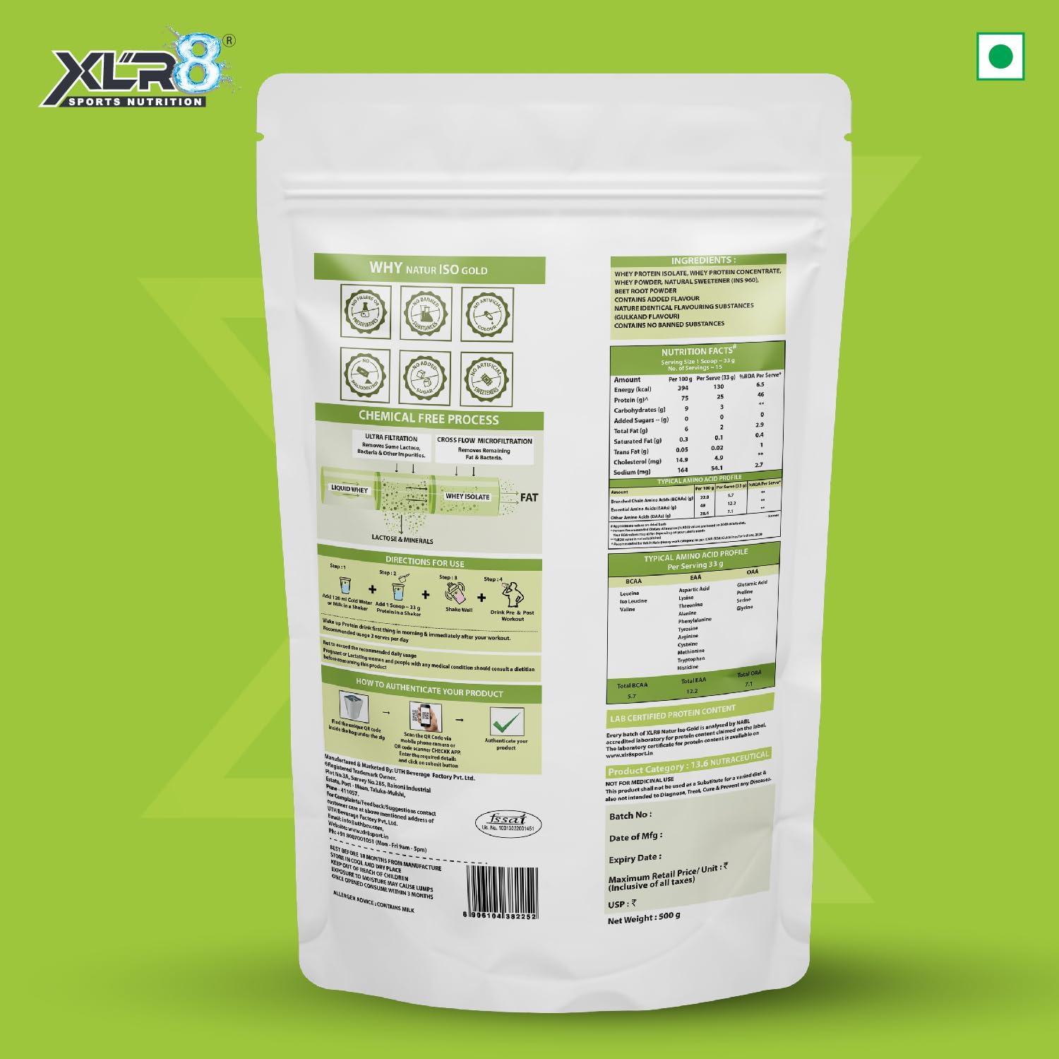 XLR8 XLR8 Natur Iso Gold Whey Protein Isolate, 25g Protein, 5.7g BCAA, Sweetened with Stevia, VEGETARIAN, ZERO SUGAR, Muscle Support and Recovery (500 g (Pack of 1), Gulkand Flavour)