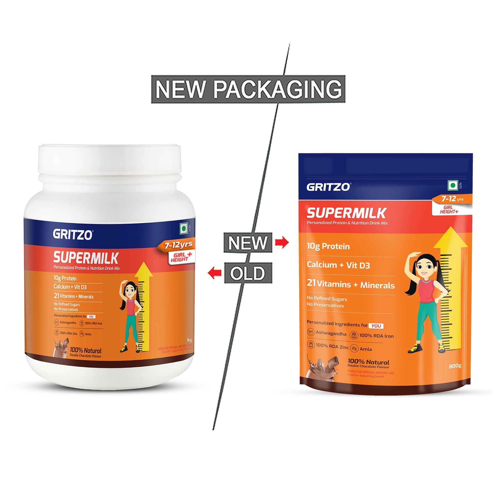 Gritzo Gritzo SuperMilk Height+ (7-12y Girls), 10g Protein Powder (Double Chocolate, 1kg) | Zero Refined Sugar, 21 Vitamins & Minerals