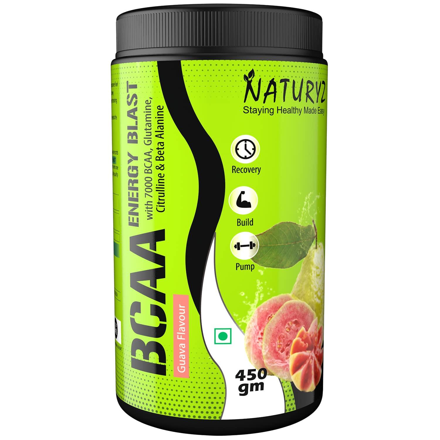 Naturyz NATURYZ BCAA Energy Blast Pre Intra Post Workout Supplement With 7000 BCAA | Glutamine | Citrulline | Beta-Alanine for Muscle Recovery | Power & Energy-450 Grams(Guava Flavor)