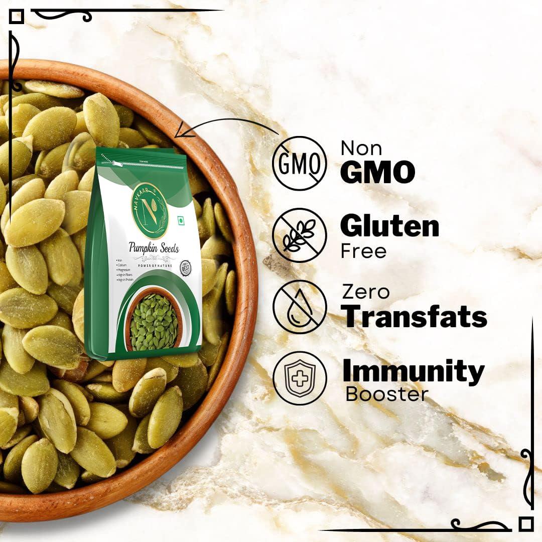 NAVKAAR Navkaar Organic Pumpkin Seeds 1kg - Raw & Unroasted Pumpkin Seeds for Eating | Kaddu Magaj | Kaddu Ke Beej | Healthy Diet, Immunity Booster and Fiber Rich | Pack of 5 (5x200g)