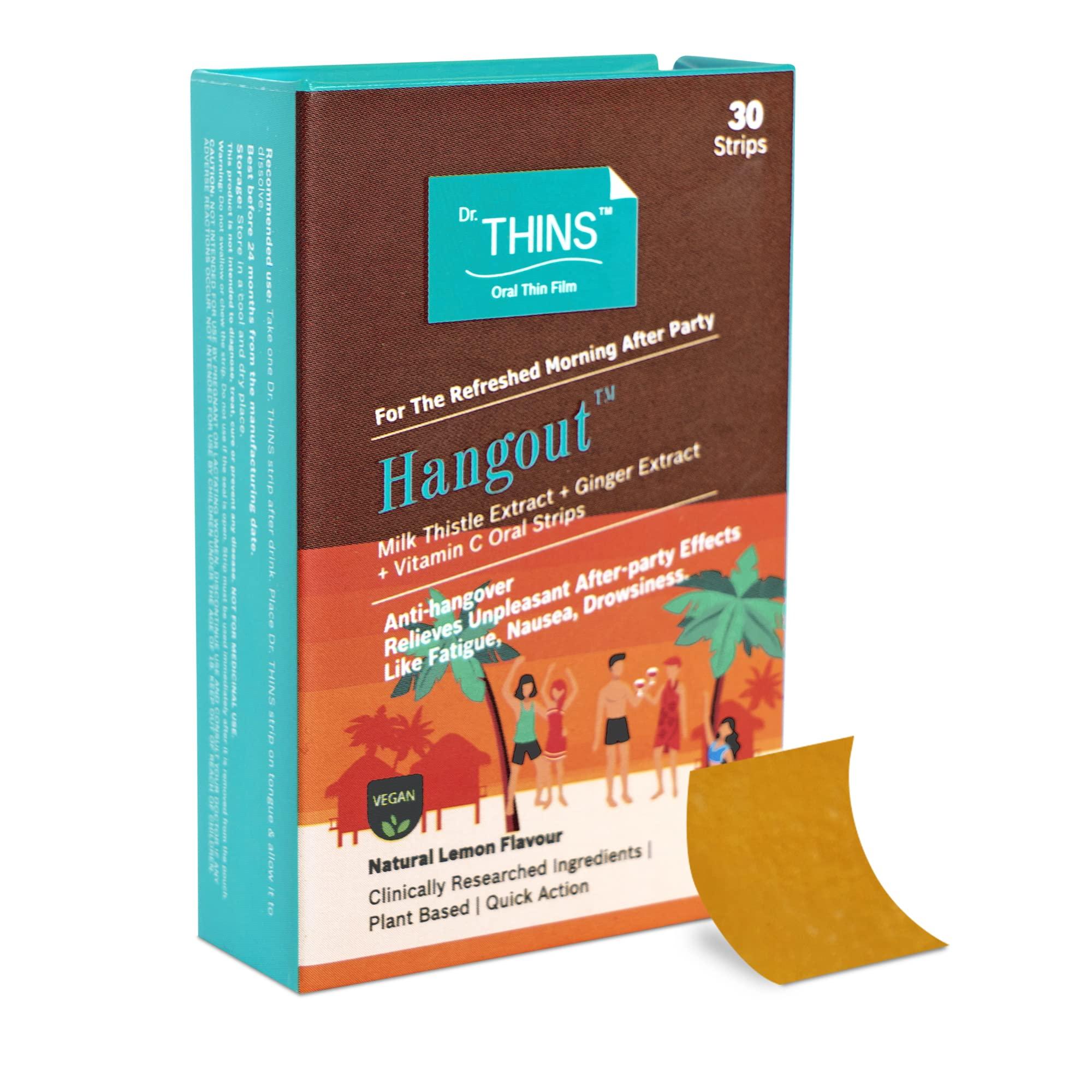 Dr Thins Oral Thin Film Dr.Thins Hangout for A Refreshed Morning After Party,Plant Based Milk Thistle Extract, Ginger Extract, Vitamin C for Anti Hangover and Relief from After Party Effects- 30 Oral Strips (Pack of 3)