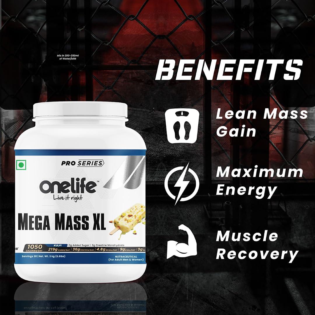 OneLife Onelife Mega Mass Gainer XL | 1050 Calories/day, 219 Carbs/day, 36g/day Protein, Vitamins & Minerals I For Lean Mass & Muscle Gain I No Added Sugar, Powered with Digezyme I Kulfi Flavour 3kg