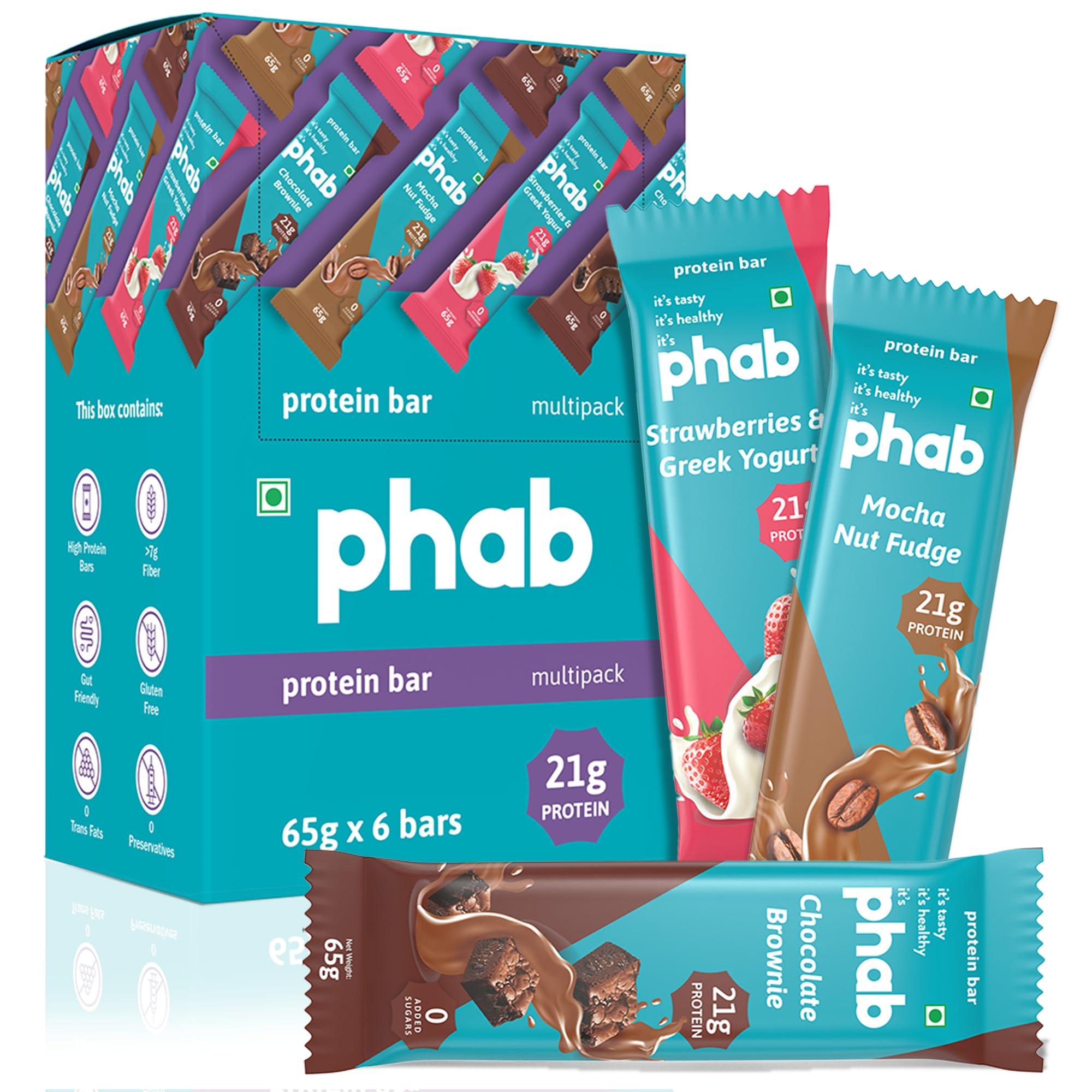 Phab Phab Assorted (Chocolate Brownie, Mocha Nut Fudge, Strawberries & Greek Yogurt) 21G Protein Bars (Pack Of 6), Fitness & Immunity With Goodness Of Dates-390 Gram