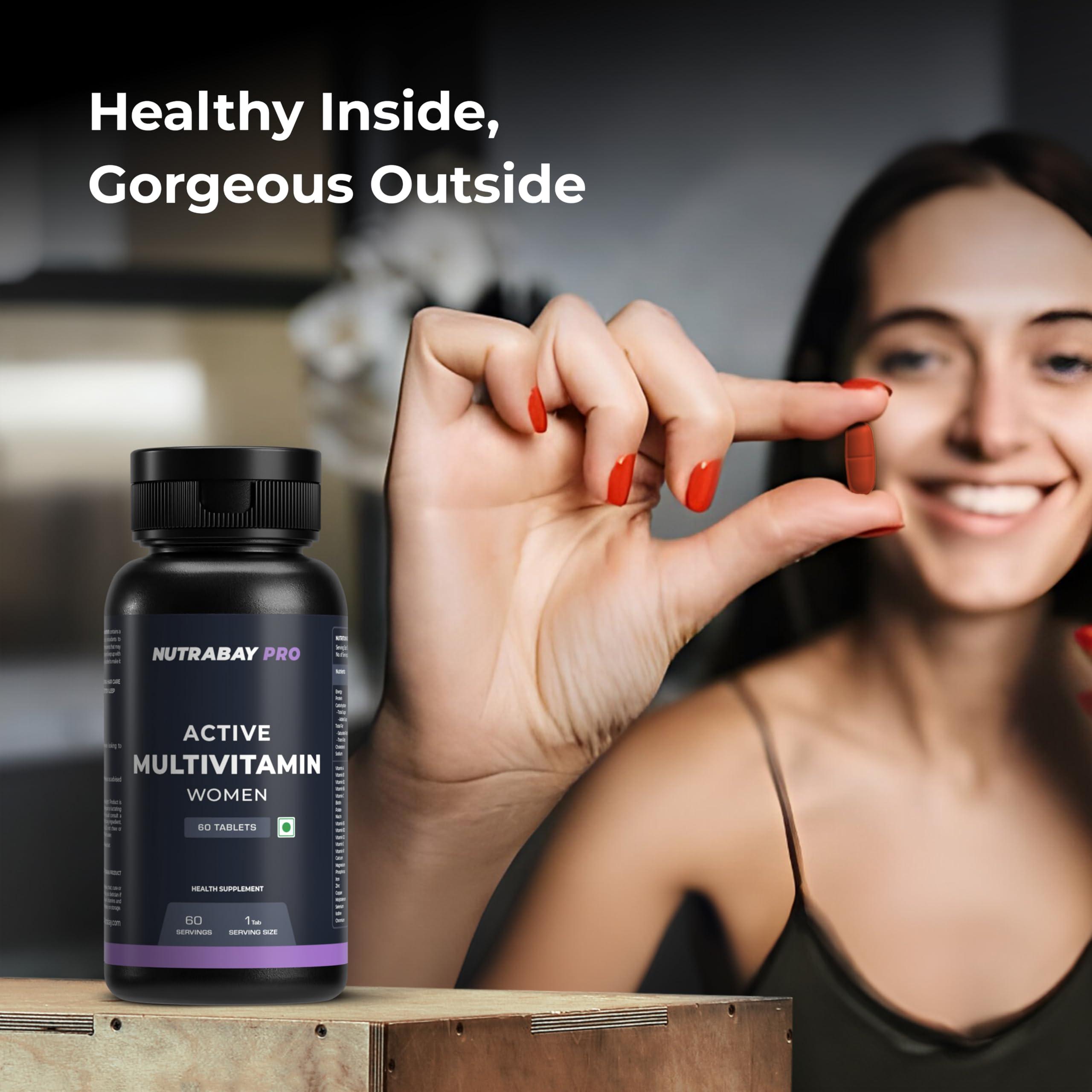 Nutrabay Nutrabay Pro Active Multivitamin for Women - 60 Tablets | Effective Doses of Iron, Vitamin A, B5, B6, C, D, E & K and Multiminerals | Immunity, Hair, Skin, & Bone Support