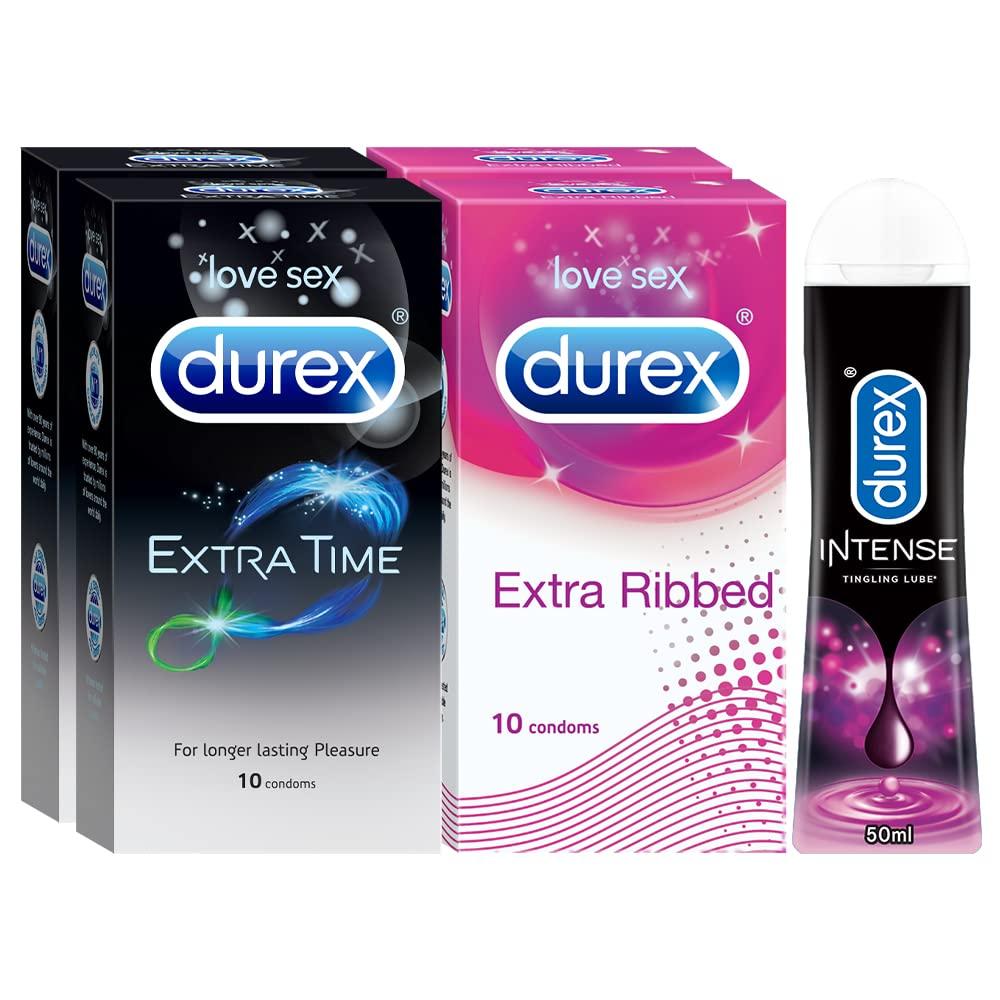 Durex Durex Pleasure Packs (Condoms - 10 Count (Pack of 2, Extra Time), Condoms - 10 Count (Pack of 2, Extra Ribbed), Pleasure Gel - 50 ml (Intense))