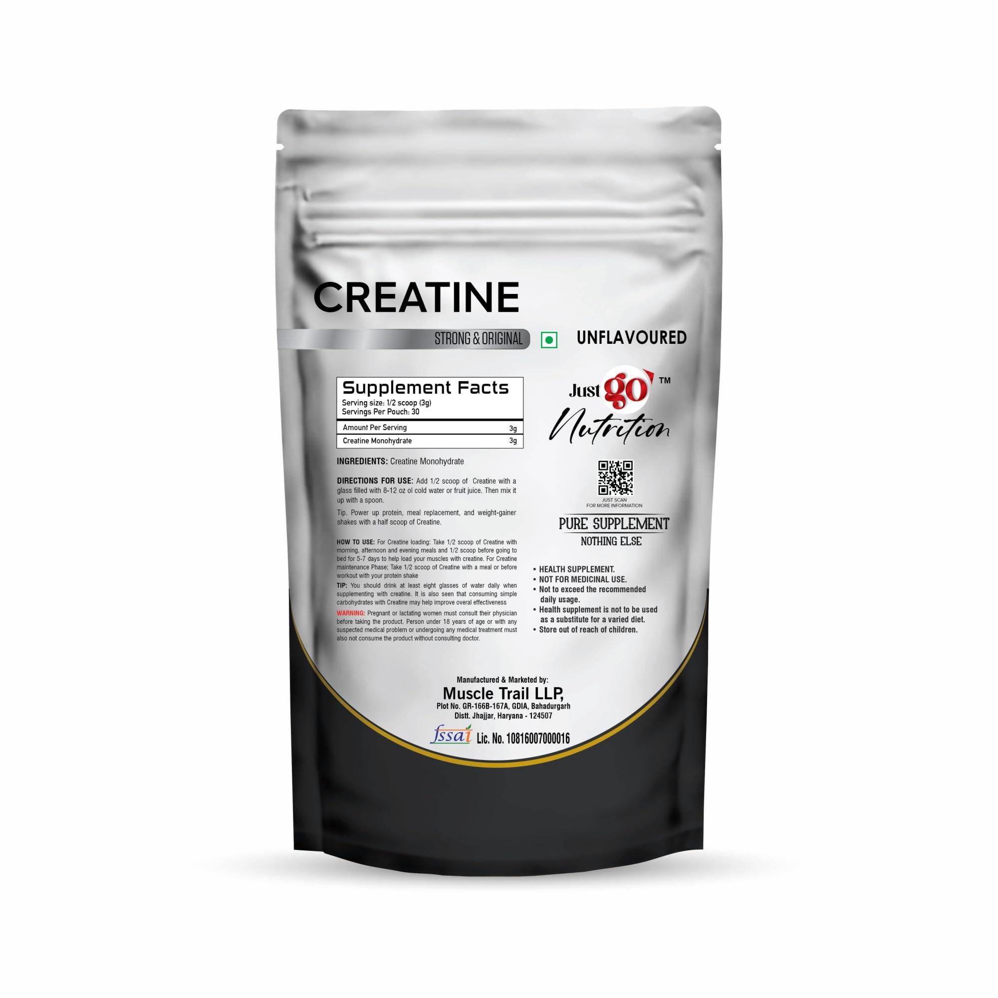 JUST GO NUTRITION Muscle Gain Protein Powder & Creatine Supplement, 1 Kg Protein + 90g Creatine, 30 Servings Each, Imported Quality (Unflavoured)