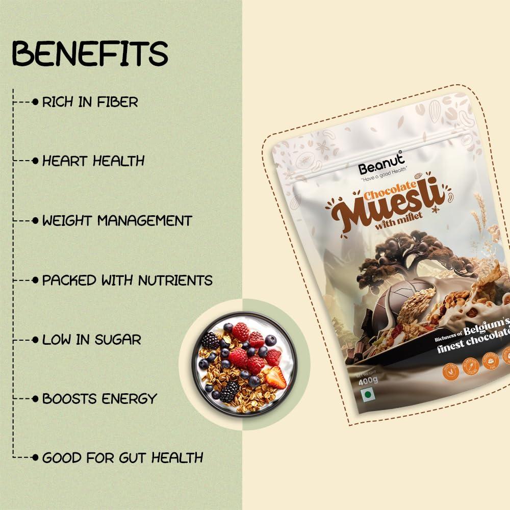 Beanut Beanut Chocolate Muesli with Millet 400g | Power Breakfast | Protein Snack | High Fiber Food | Breakfast Cereal | Source of Protein & Fibre, Multigrain Breakfast