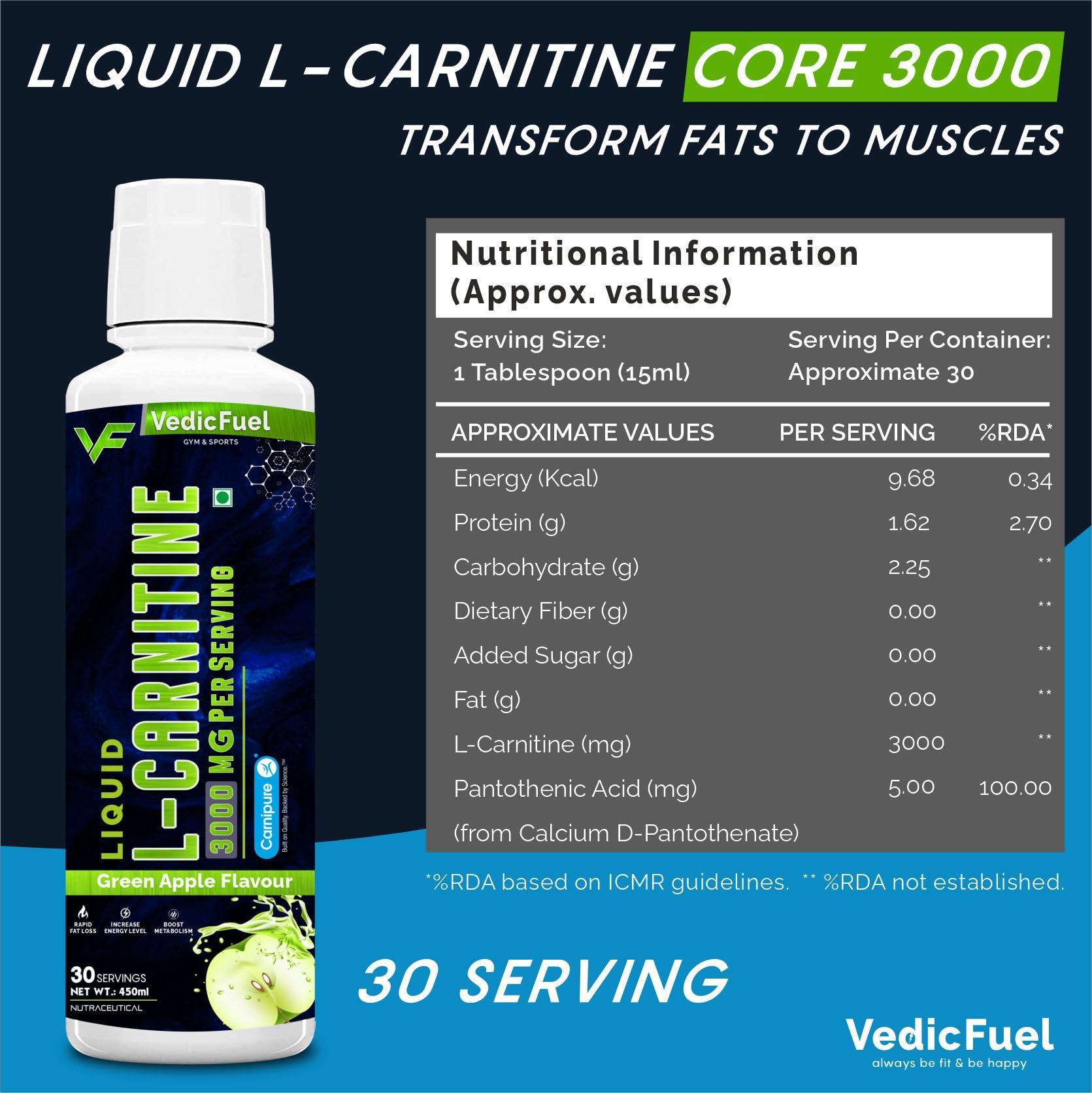 VEDICFUEL VedicFuel Liquid L-Carnitine 3000 mg, Helps Convert Fat into Energy (Green Apple Flavour, Pack of 450ml, 30 Servings)