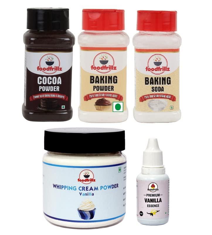 FOODFRILLZ foodfrillz Combo of 5 Baking Ingredients - Whipping Cream Powder 100 g, Cocoa Powder 60 g, Baking Powder 100 g & Baking Soda 140 g, Bakefrillz Vanilla Essence (20 ml)