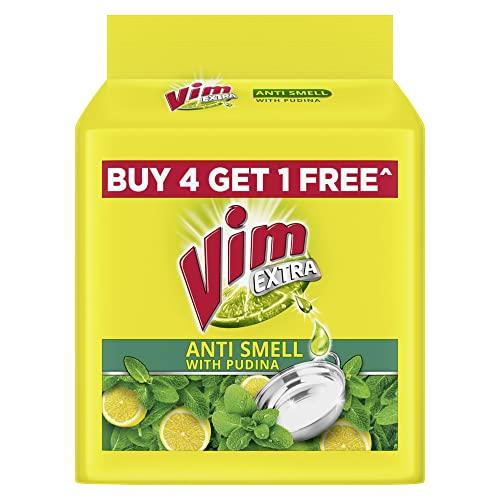 VIM Vim Extra Anti Smell Dishwash Bar - 200g (Pudina, Buy 4 + 1 Free)