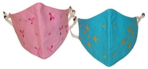 Kheyali Boutique Kheyali Boutique Pure Cotton Hand Embroidered Washable Reusable Anti Pollutant 3 Ply Face Mask(Light Blue,Pink,Blue Pack of 2)