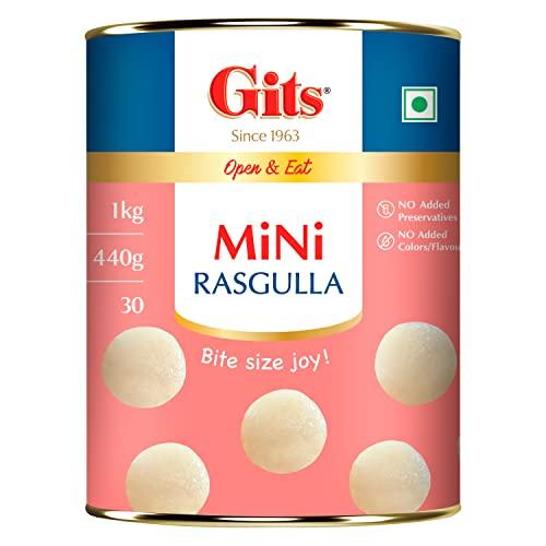 Gits Gits MiNi Gulab Jamun + MiNi Rasgulla | 2Kg (1Kg MiNi Gulab Jamun Tin + 1Kg MiNi Rasgulla Tin) | Open & Eat | 30 Pieces Per Can | Mouth-Watering Indian Mithai | Festive combo